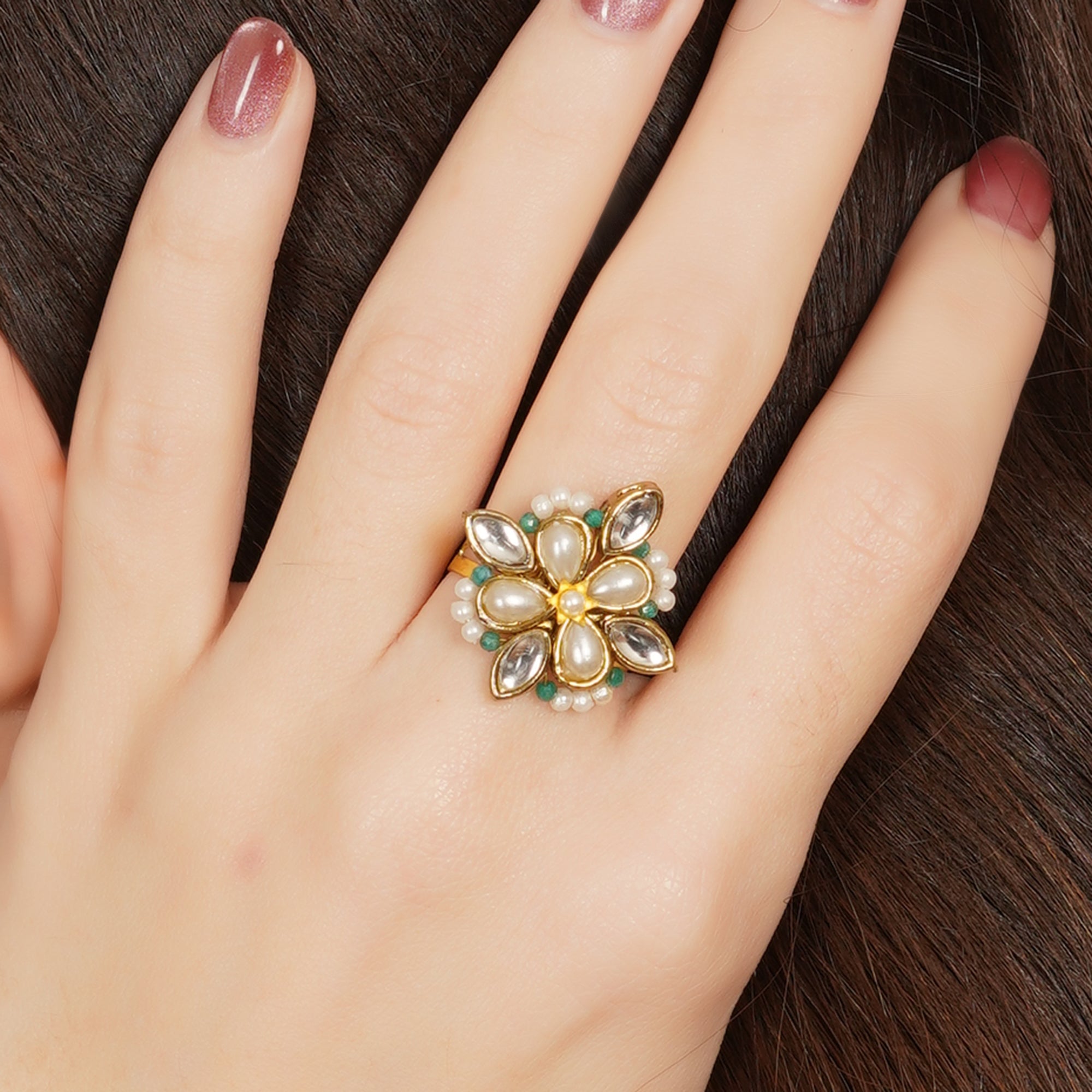 Kundan & Pearl Floral Ring