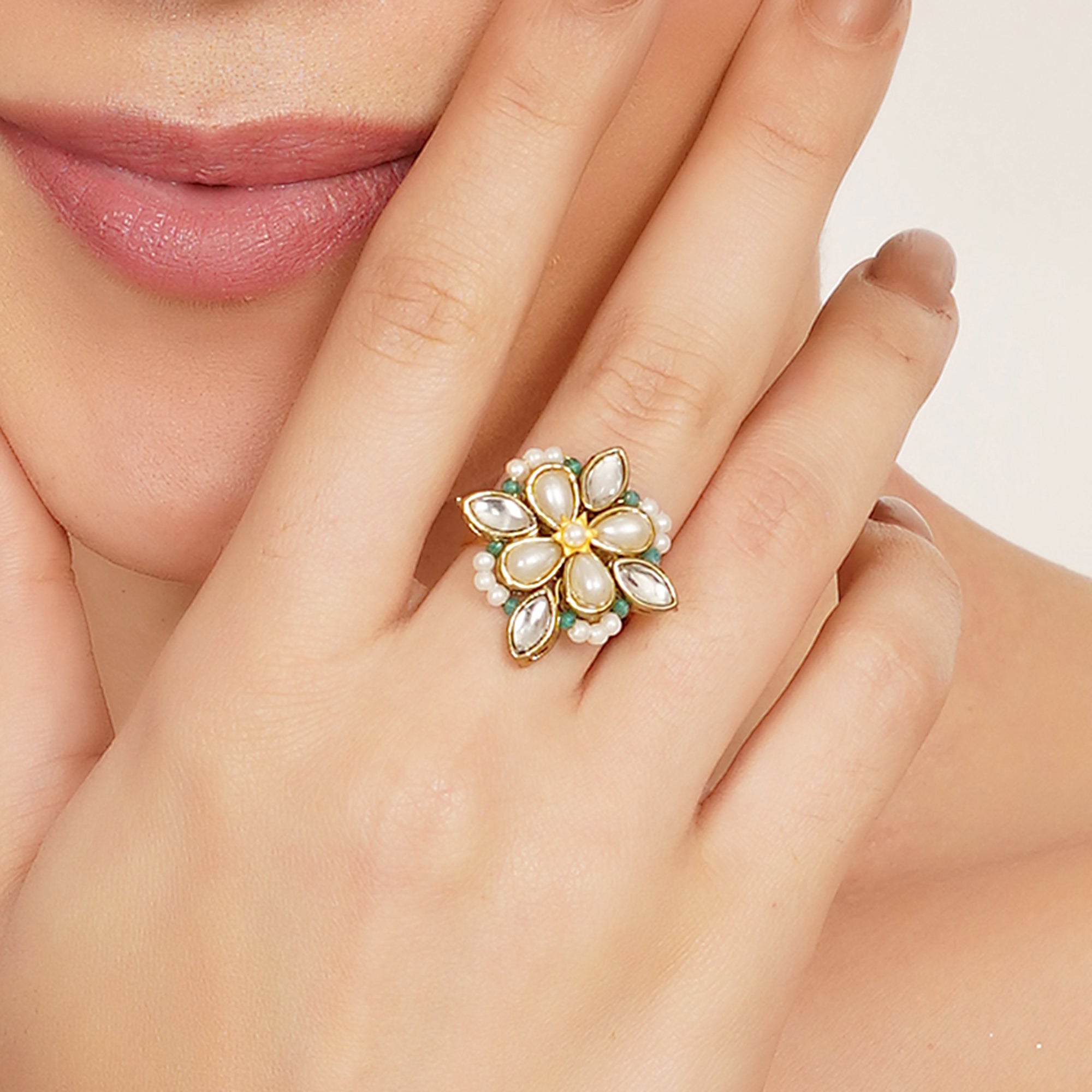 Kundan & Pearl Floral Ring
