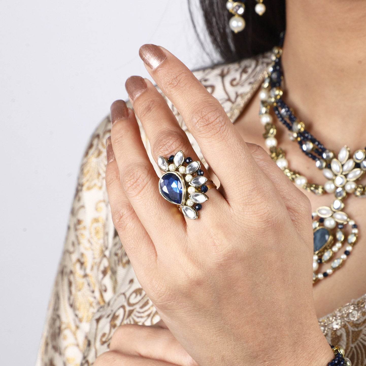 Blue Hues Full Set With Choker, Long Necklace, Earrings, Bracelet & 2 Rings - BeAbhika.com