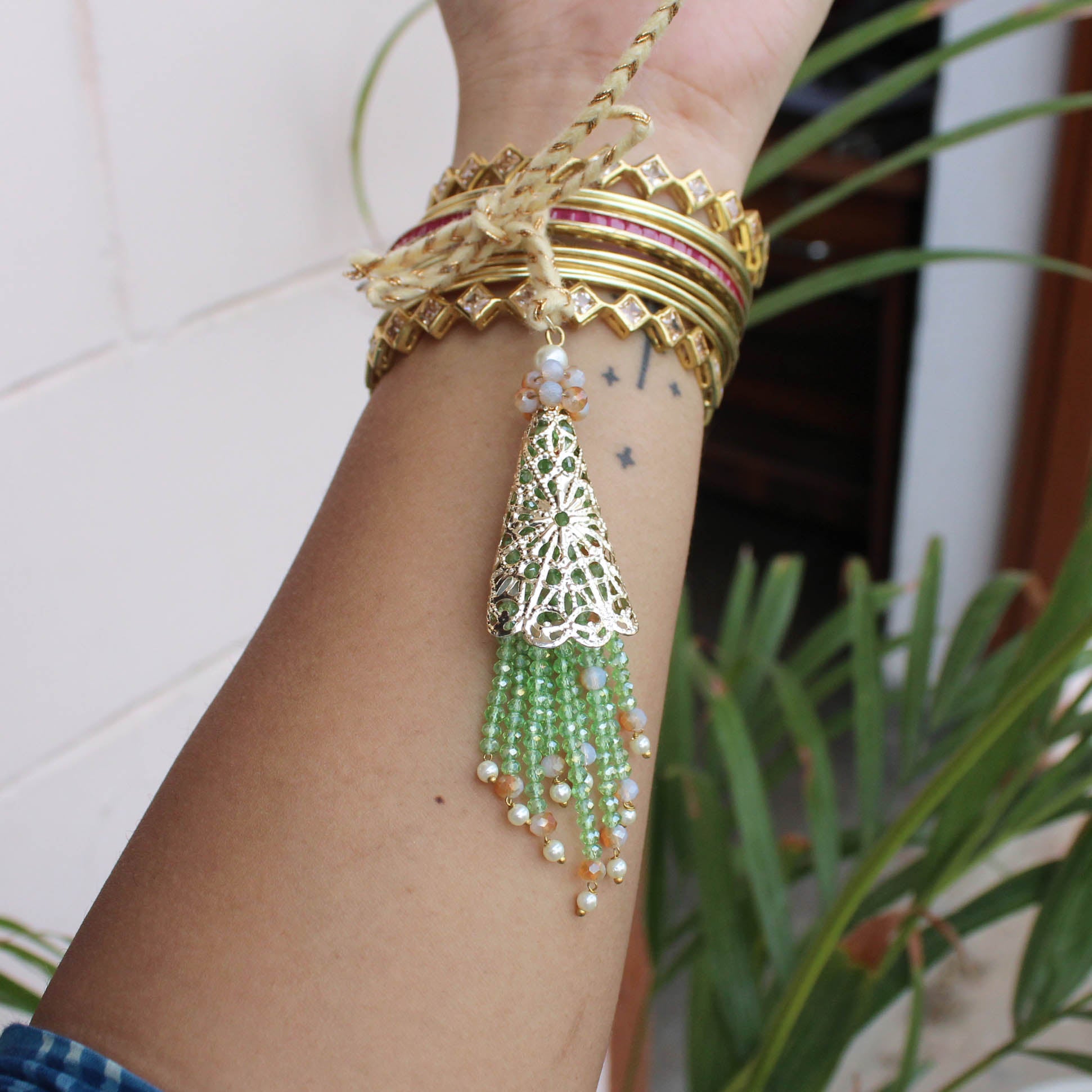 Green Tapered Fringe Bhabhi Lumba