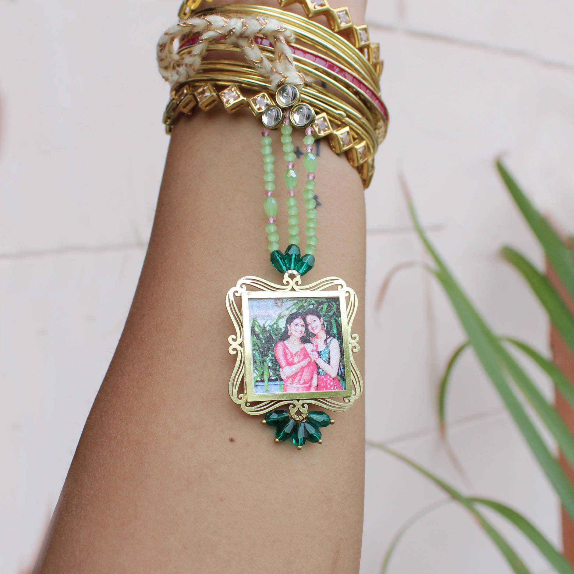 BeAbhika Gold Tone Kundan Green Beads Personalised Photo Frame Designer Unique Bhabhi Lumba Hanging Bhabhi Rakhi Lumba Customised Photo Sister In Law Rakhi Available Online In India Best Price Send Rakhi To Bhai COD Express Shipping