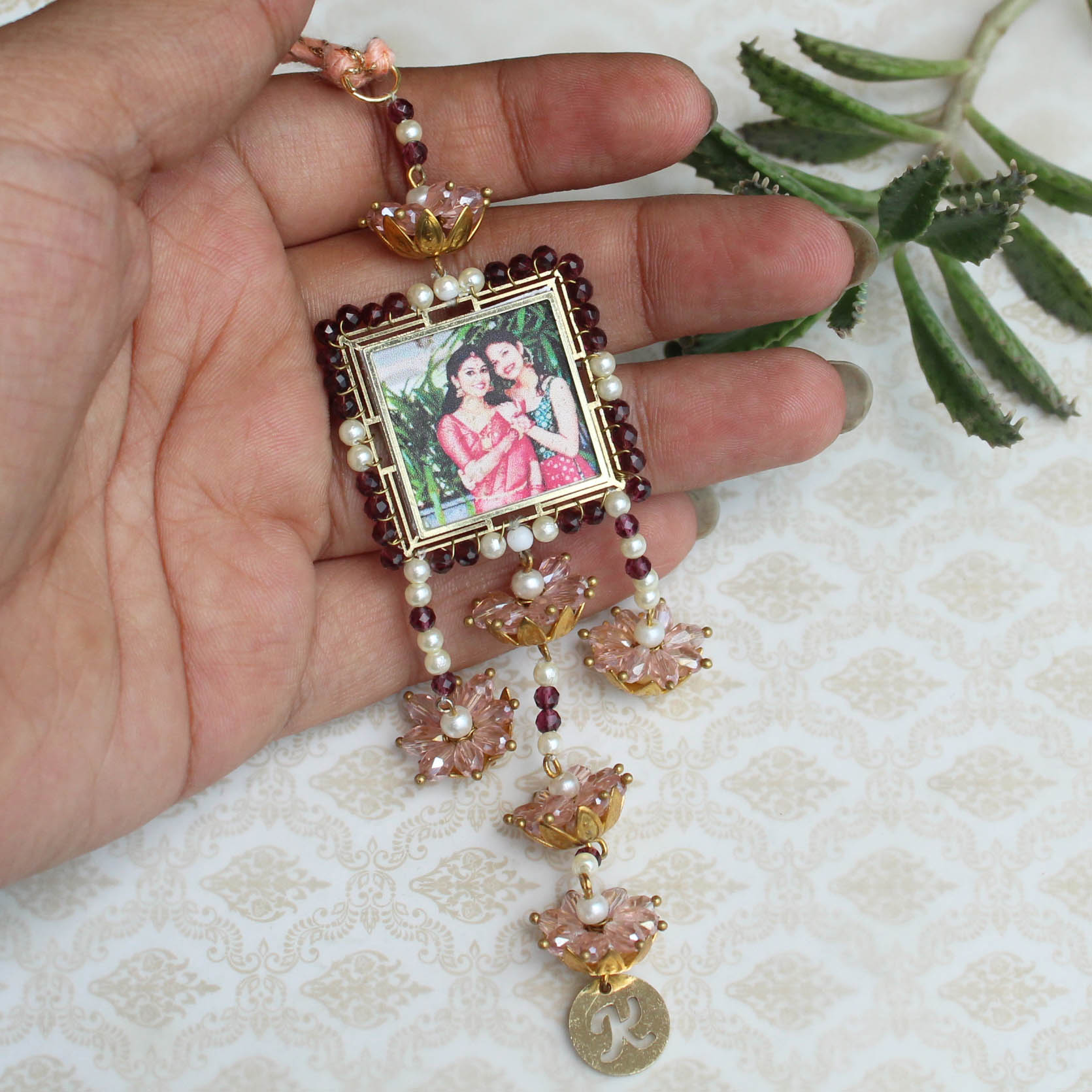 BeAbhika Gold Tone Kundan Green Beads Personalised Photo Frame Designer Unique Bhabhi Lumba Hanging Bhabhi Rakhi Lumba Customised Photo Sister In Law Rakhi Available Online In India Best Price Send Rakhi To Bhai COD Express Shipping Name Initial Letter Lumba Customised
