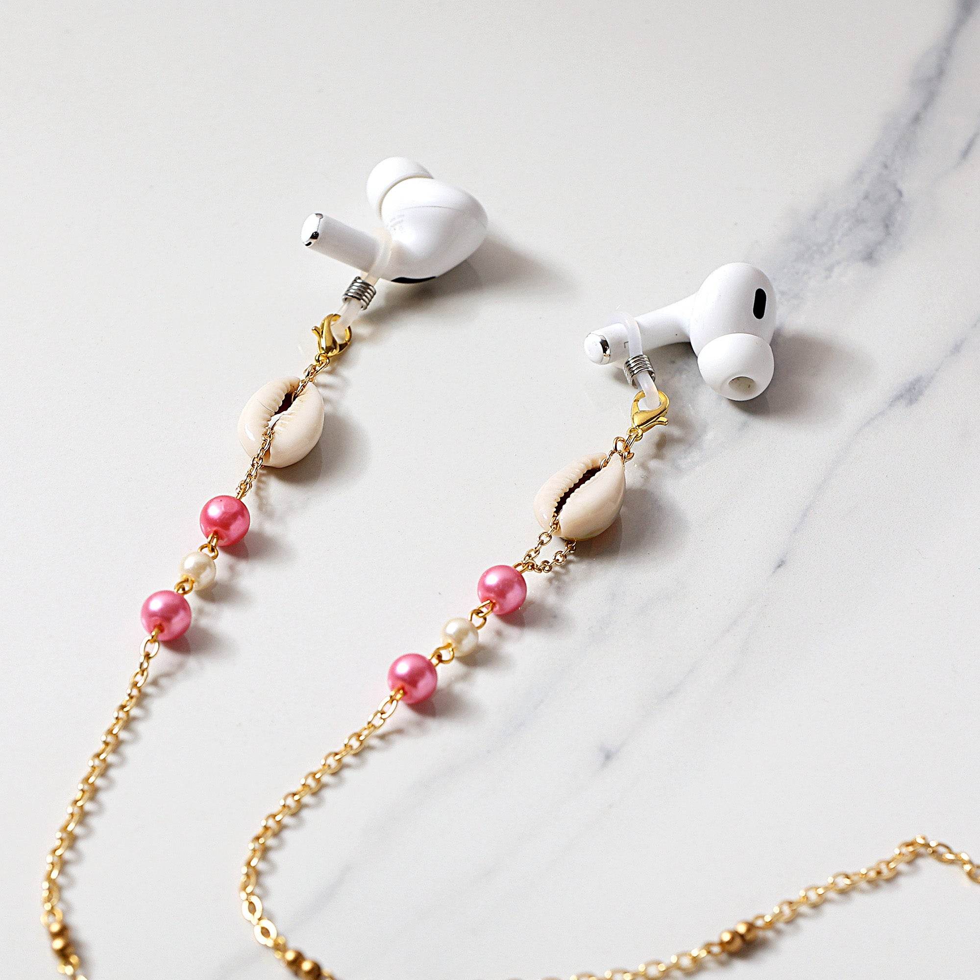 Pink Beads With Shells Spectacles/Air Pods Chain - BeAbhika.com