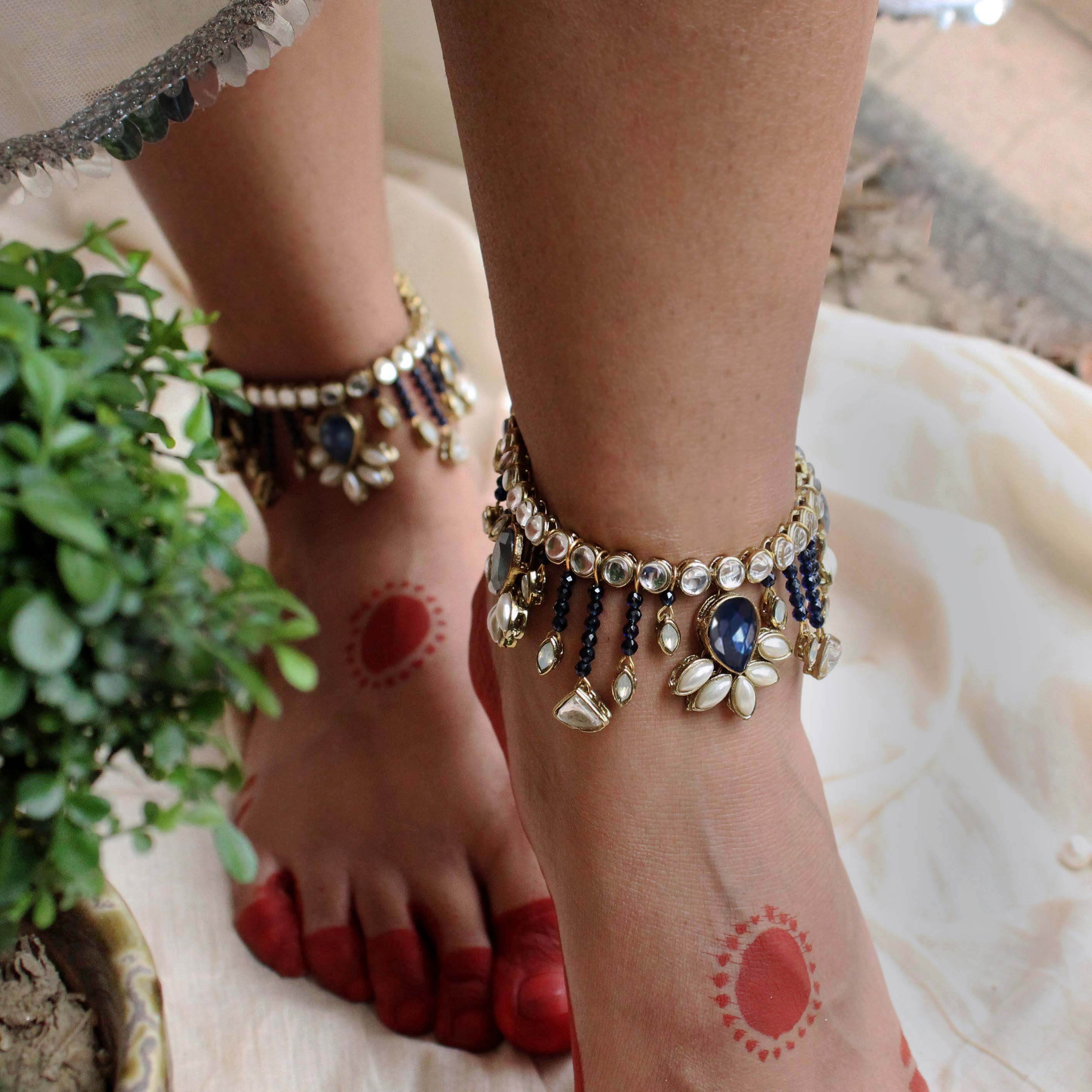 Blue Hues Adjustable Anklet - Set Of 2 Pieces - BeAbhika.com