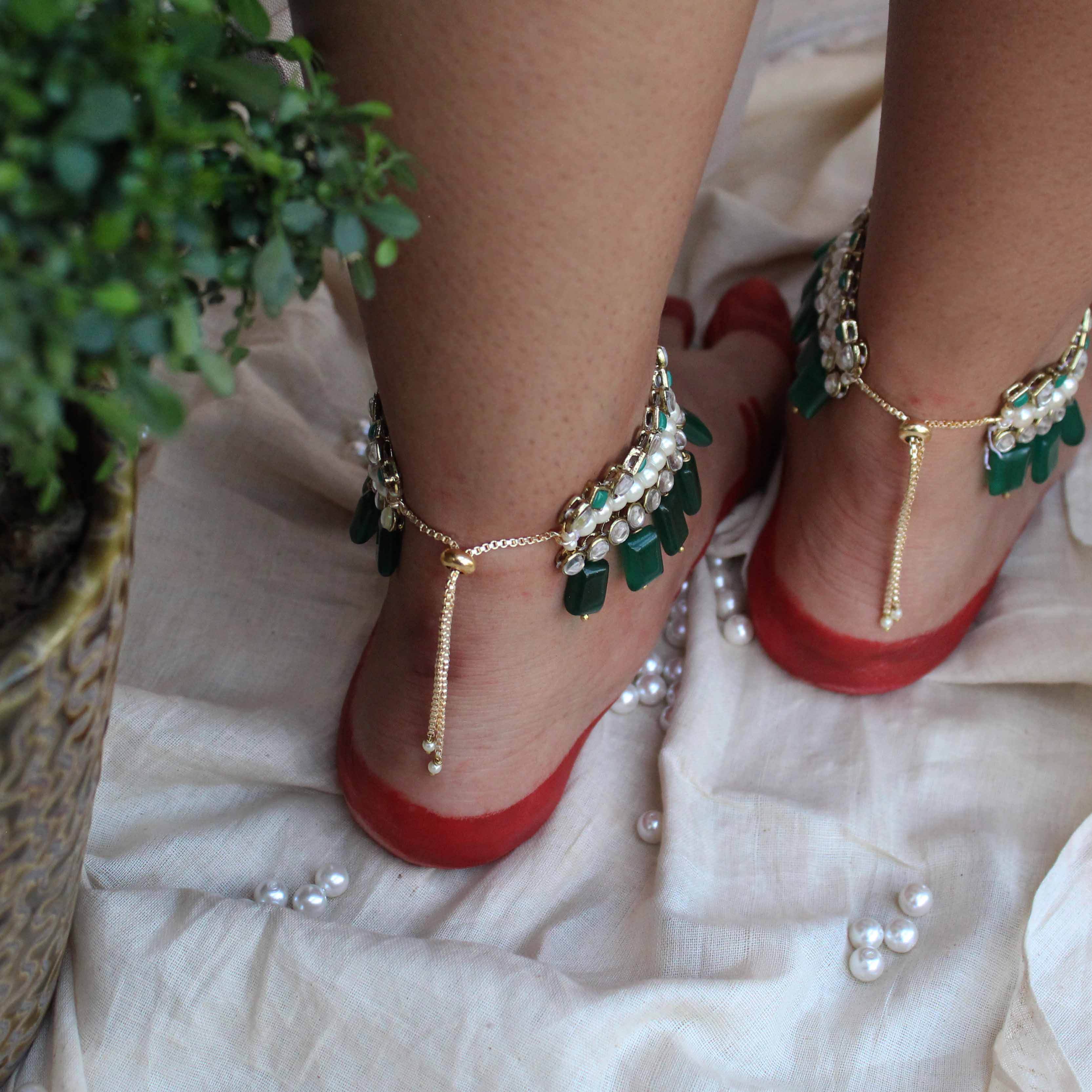 Green Glass Stone Kundan Adjustable Anklet - Set Of 2 Pieces - BeAbhika.com