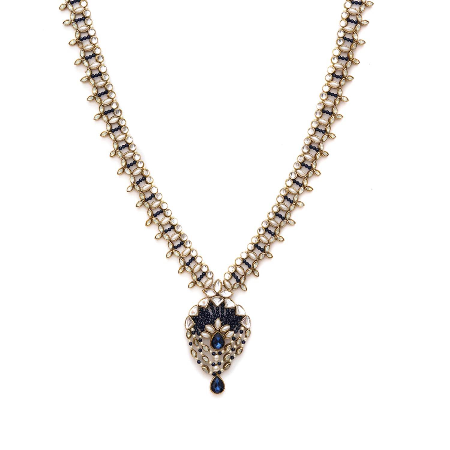 Kundan choker set in gold-tone with matching earrings and long bridal necklace, perfect for wedding functions , festive and bridal wear