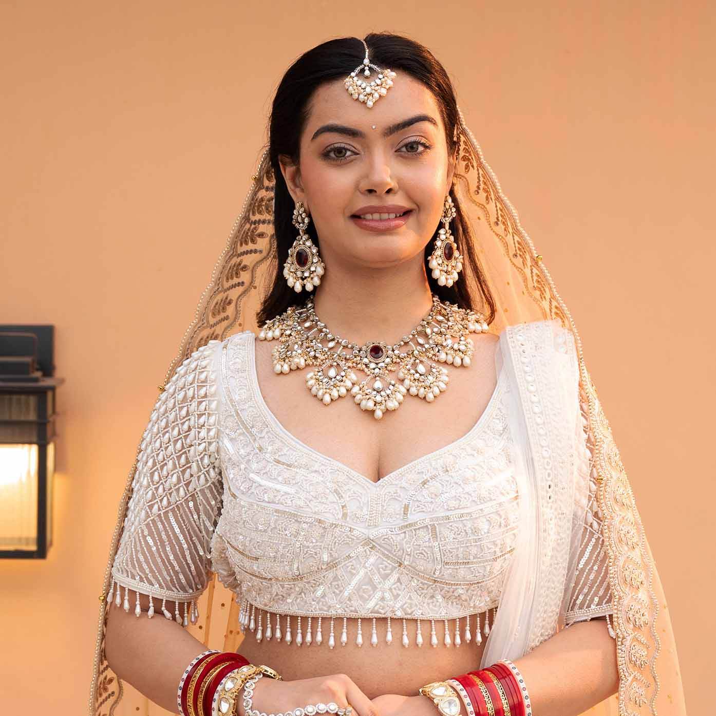 Regal Bridal Jewelry Set: Necklace, Maangtikka, Earrings, Hathphool, Anklet & Maangtikka - BeAbhika.com