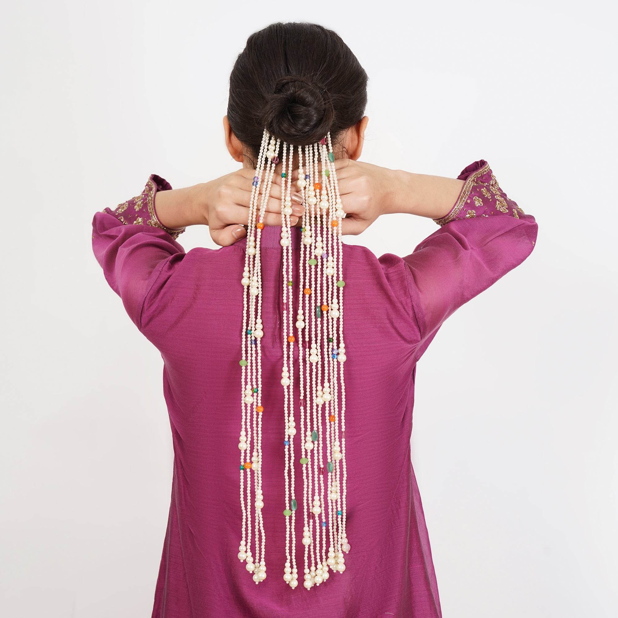 Multicolour Pearl Cascade Hair Veil - BeAbhika.com