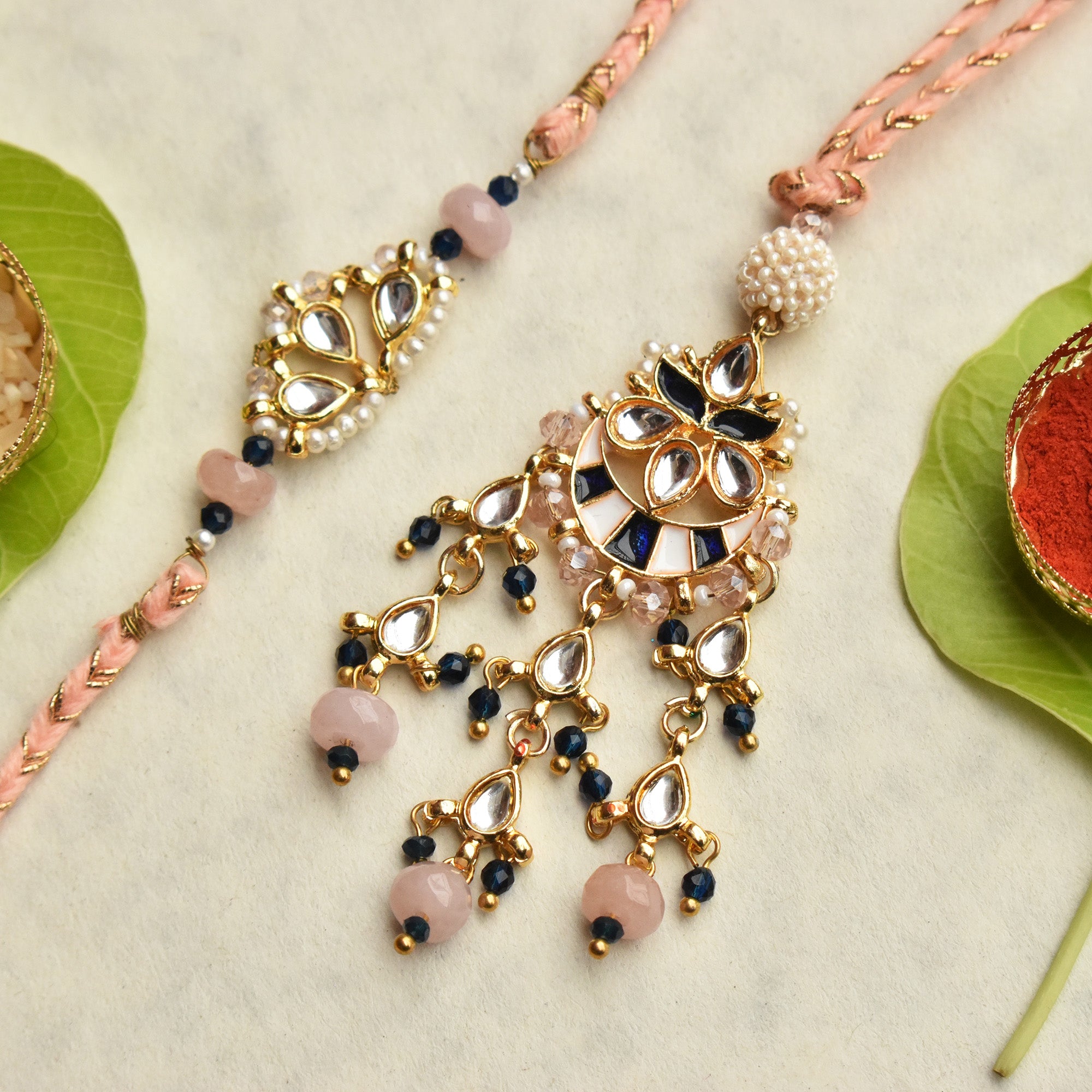 Royal Kundan Pearl Rakhi & Chandbali Lumba Set