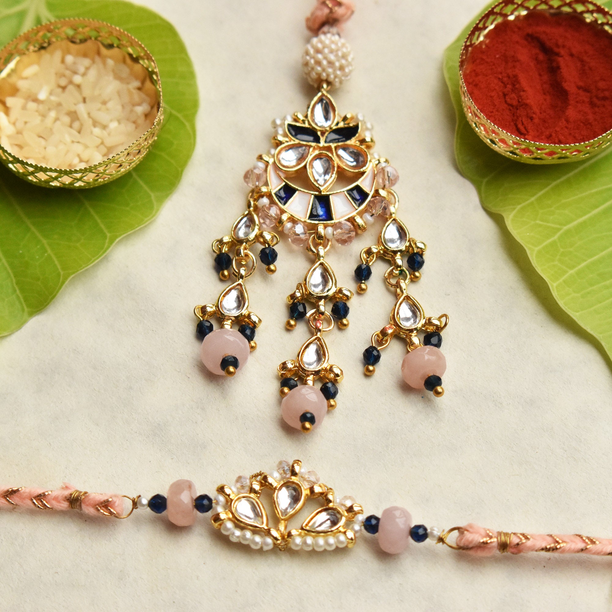 Royal Kundan Pearl Rakhi & Chandbali Lumba Set