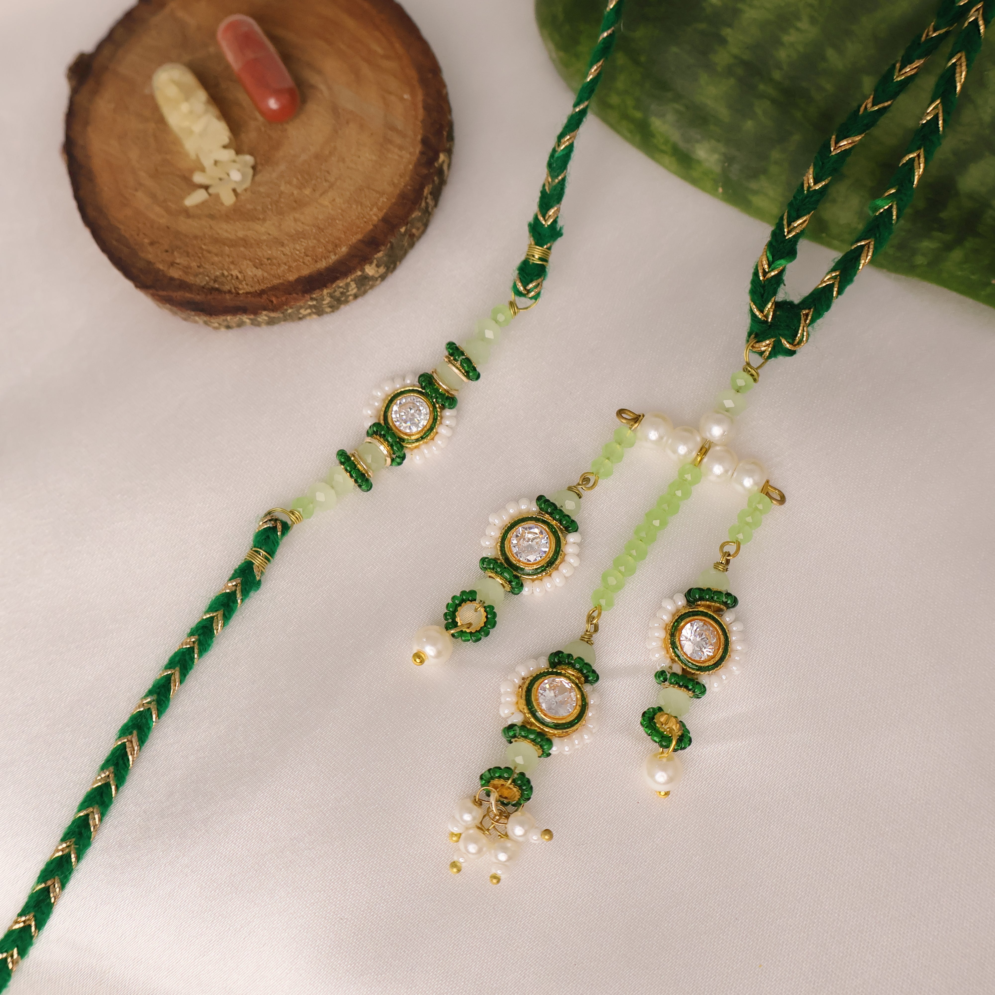 Emerald Pearl Rakhi & Lumba Set