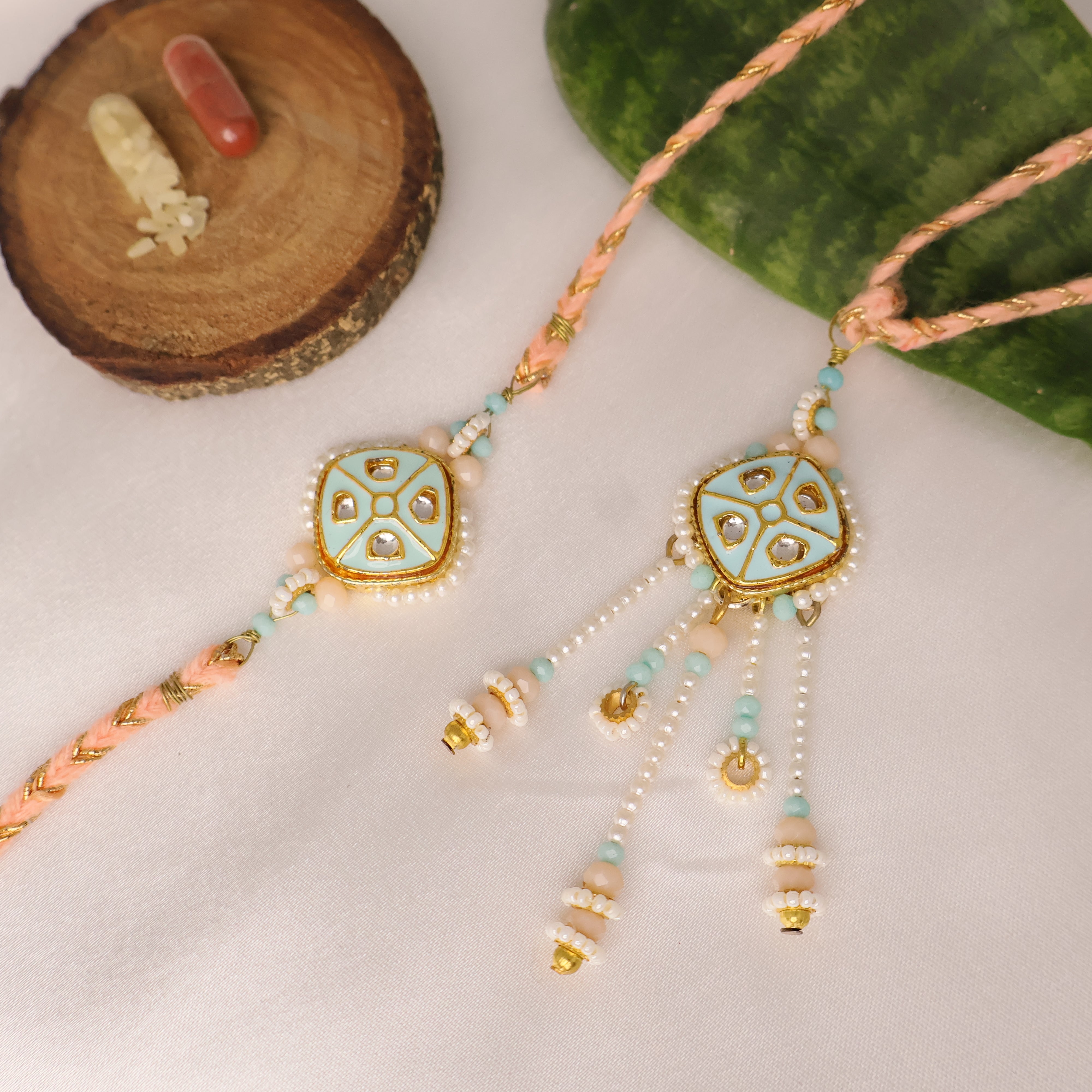 Pastel Kundan Pearl Rakhi & Lumba Set