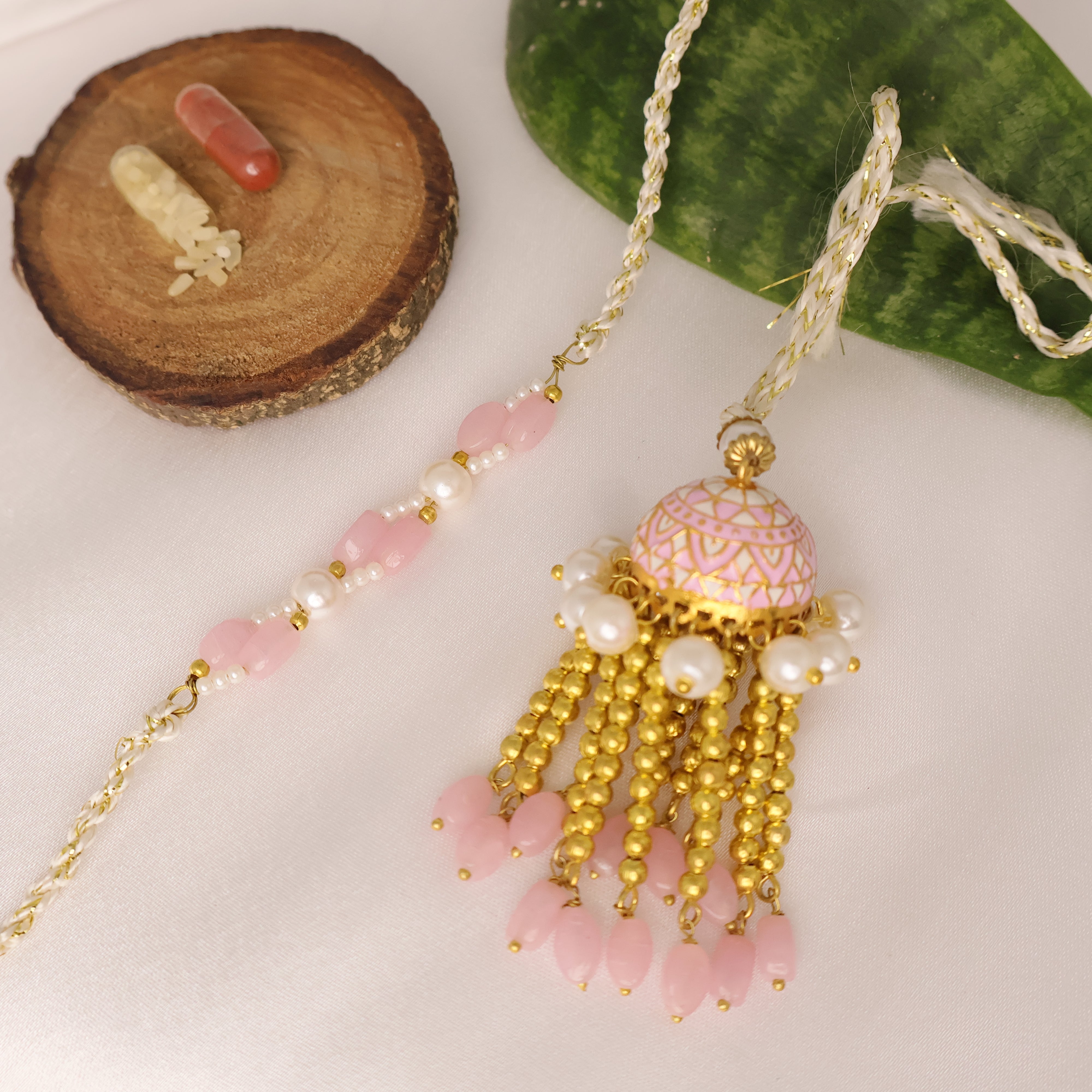 Blush Pearl Tassel Rakhi & Lumba Set