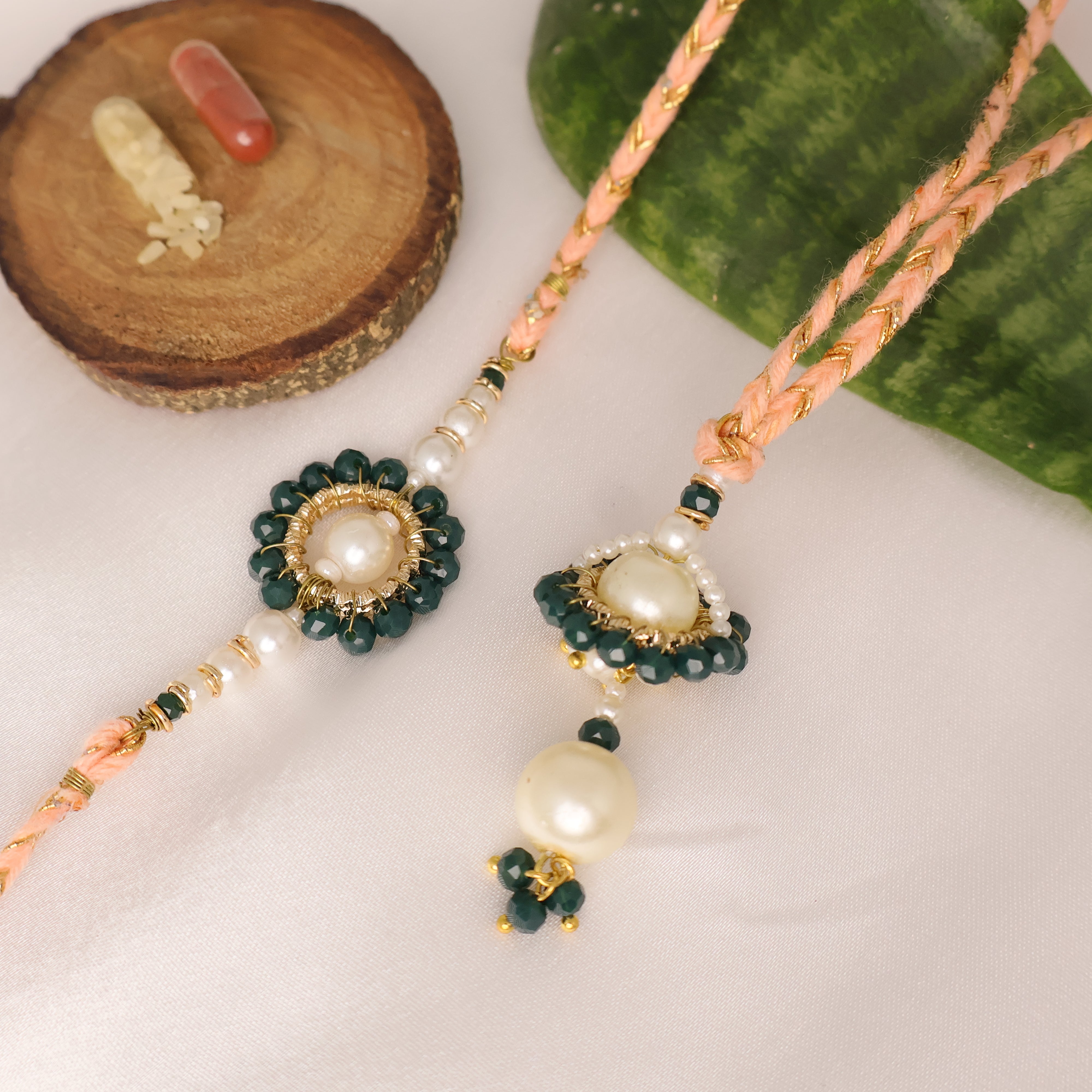 Teal Pearl Rakhi & Lumba Set