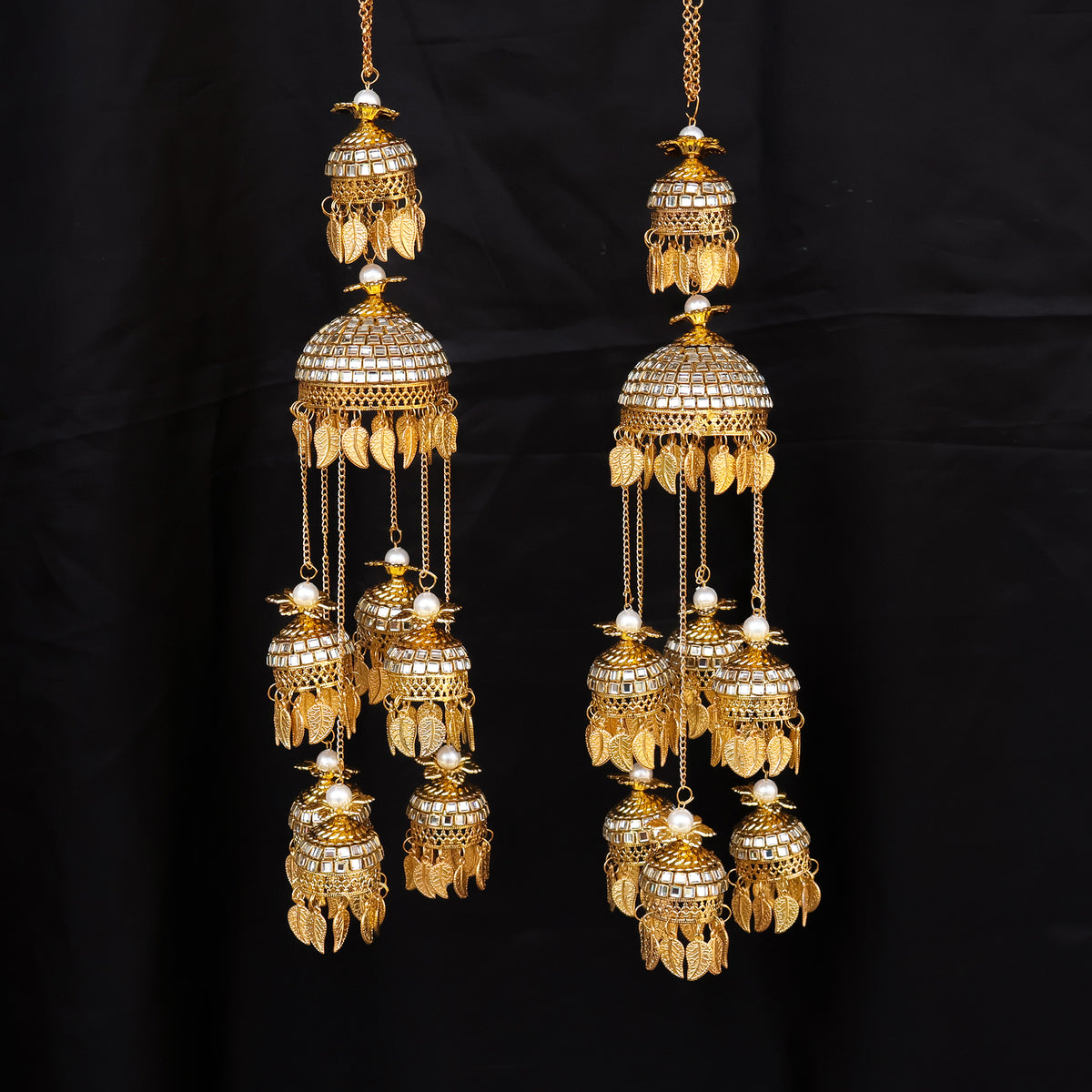 Multi Layered Mirror Work Golden Jhumki & Bead Leaf Kaleere Set