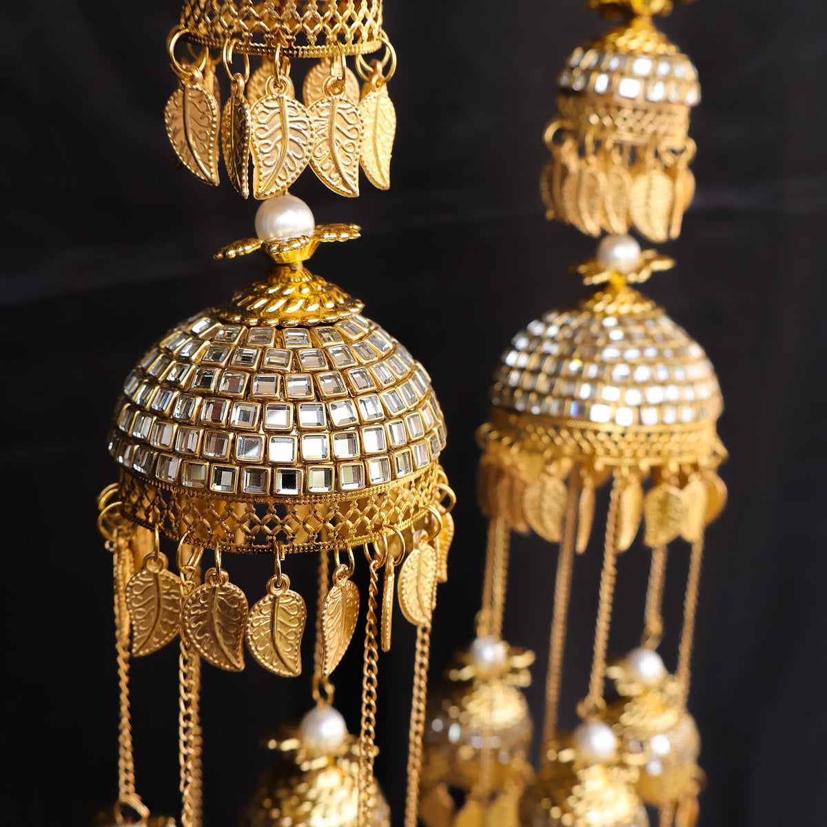 Multi Layered Mirror Work Golden Jhumki & Bead Leaf Kaleere Set
