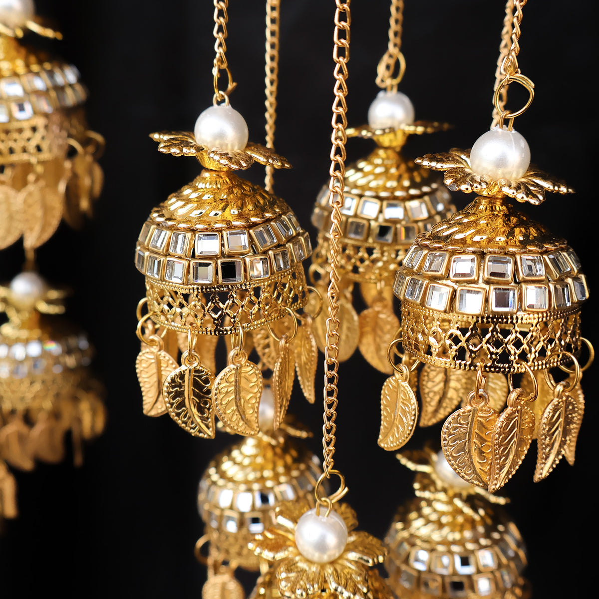 Multi Layered Mirror Work Golden Jhumki & Bead Leaf Kaleere Set