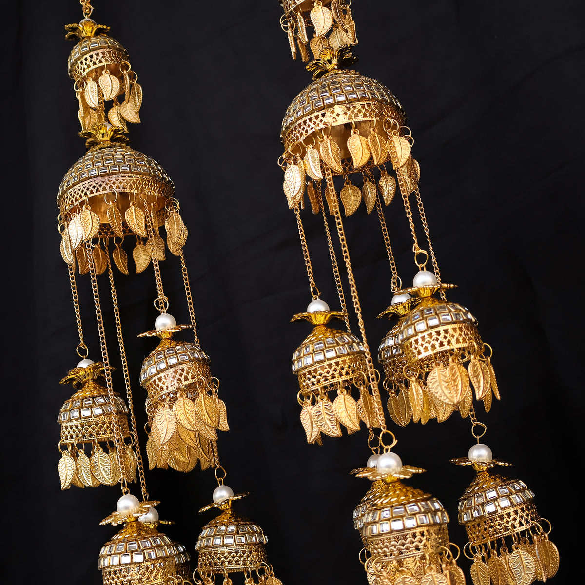 Multi Layered Mirror Work Golden Jhumki & Bead Leaf Kaleere Set