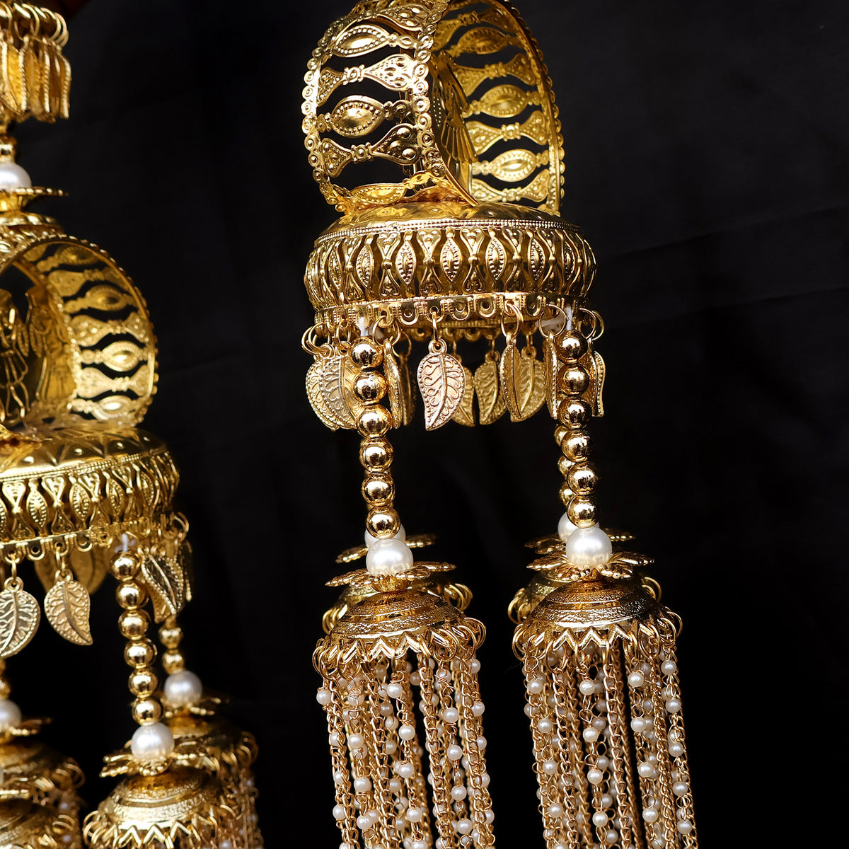 Gold Plated Couple Motif Pearl Chain Multi Layered Kaleere Set