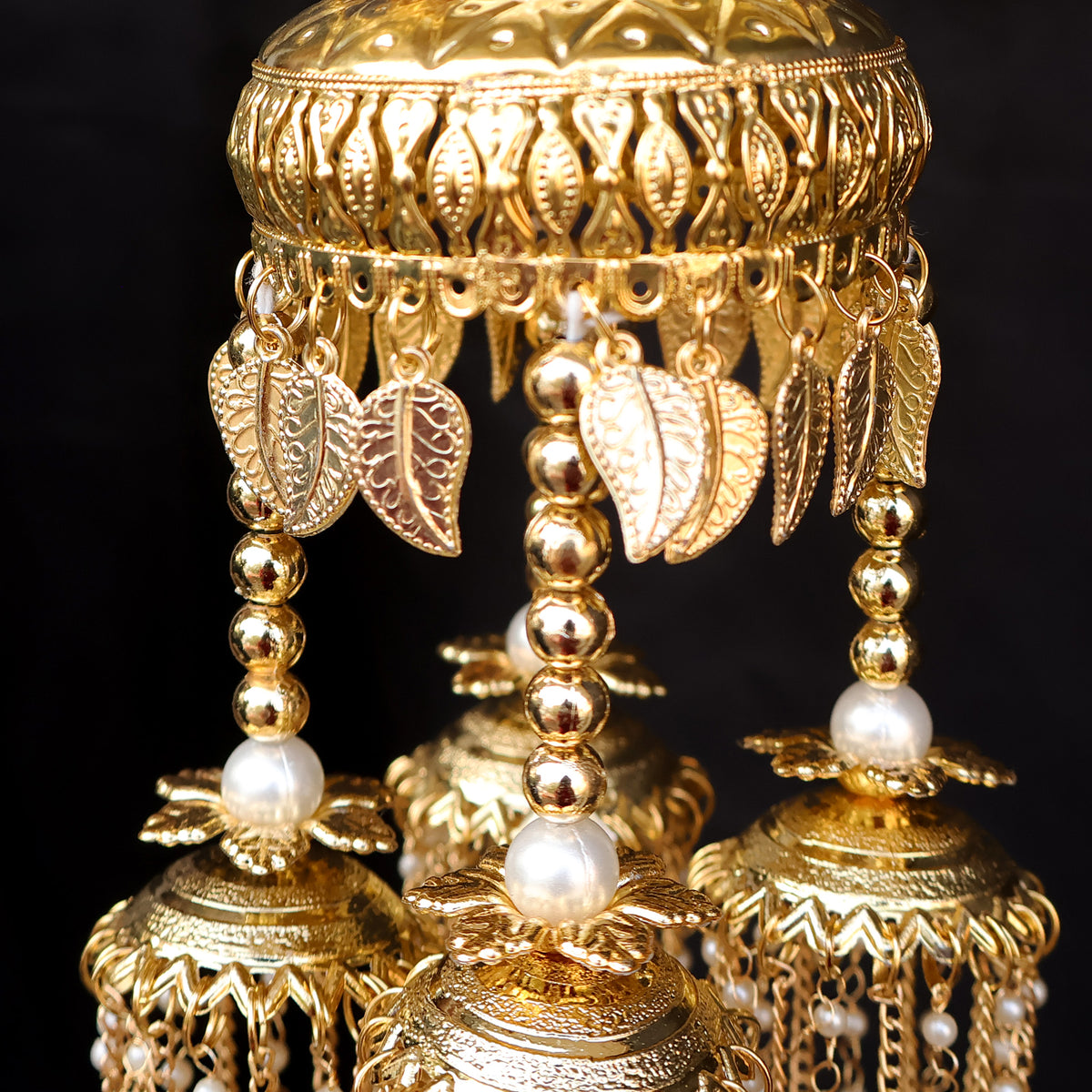 Gold Plated Couple Motif Pearl Chain Multi Layered Kaleere Set