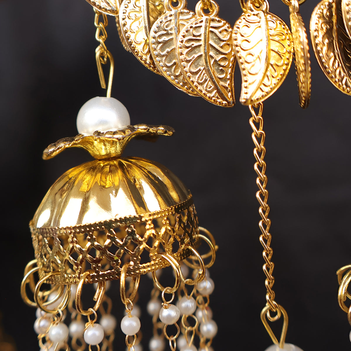 Gold-Plated Pearl Jhumki Leaf Kaleere Set