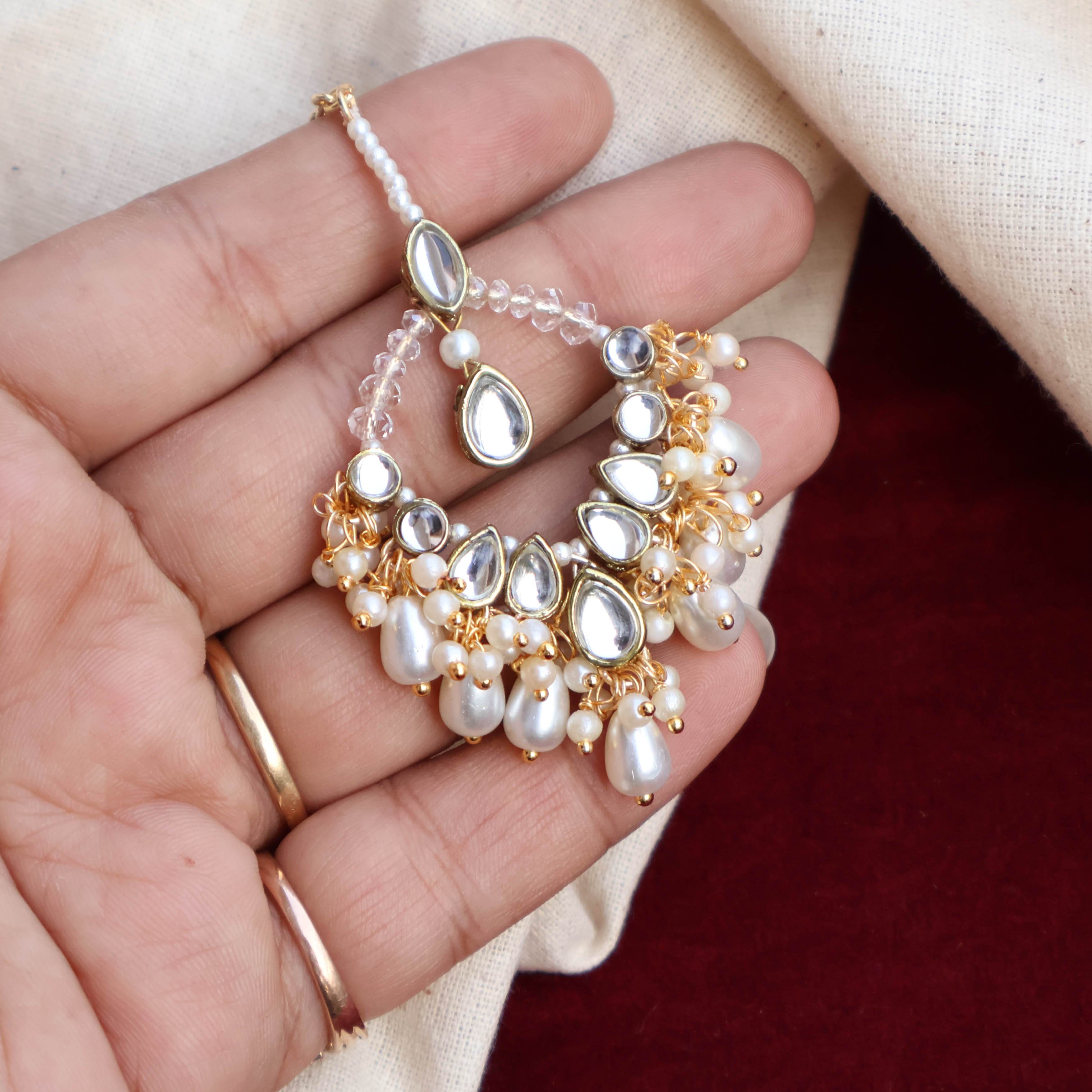 Regal Bridal Jewelry Set: Necklace, Maangtikka, Earrings, Hathphool, Anklet & Maangtikka - BeAbhika.com