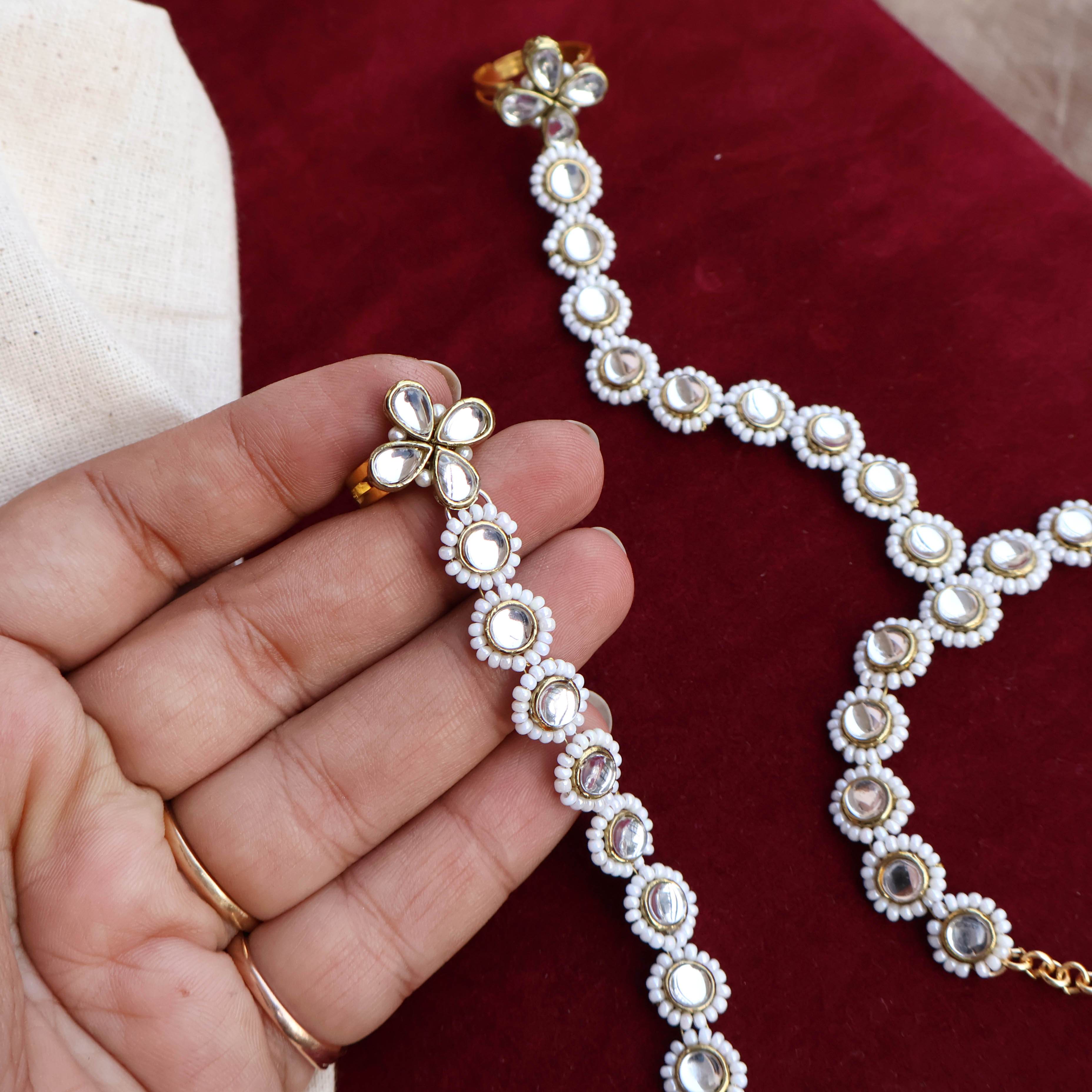 Regal Bridal Jewelry Set: Necklace, Maangtikka, Earrings, Hathphool, Anklet & Maangtikka - BeAbhika.com