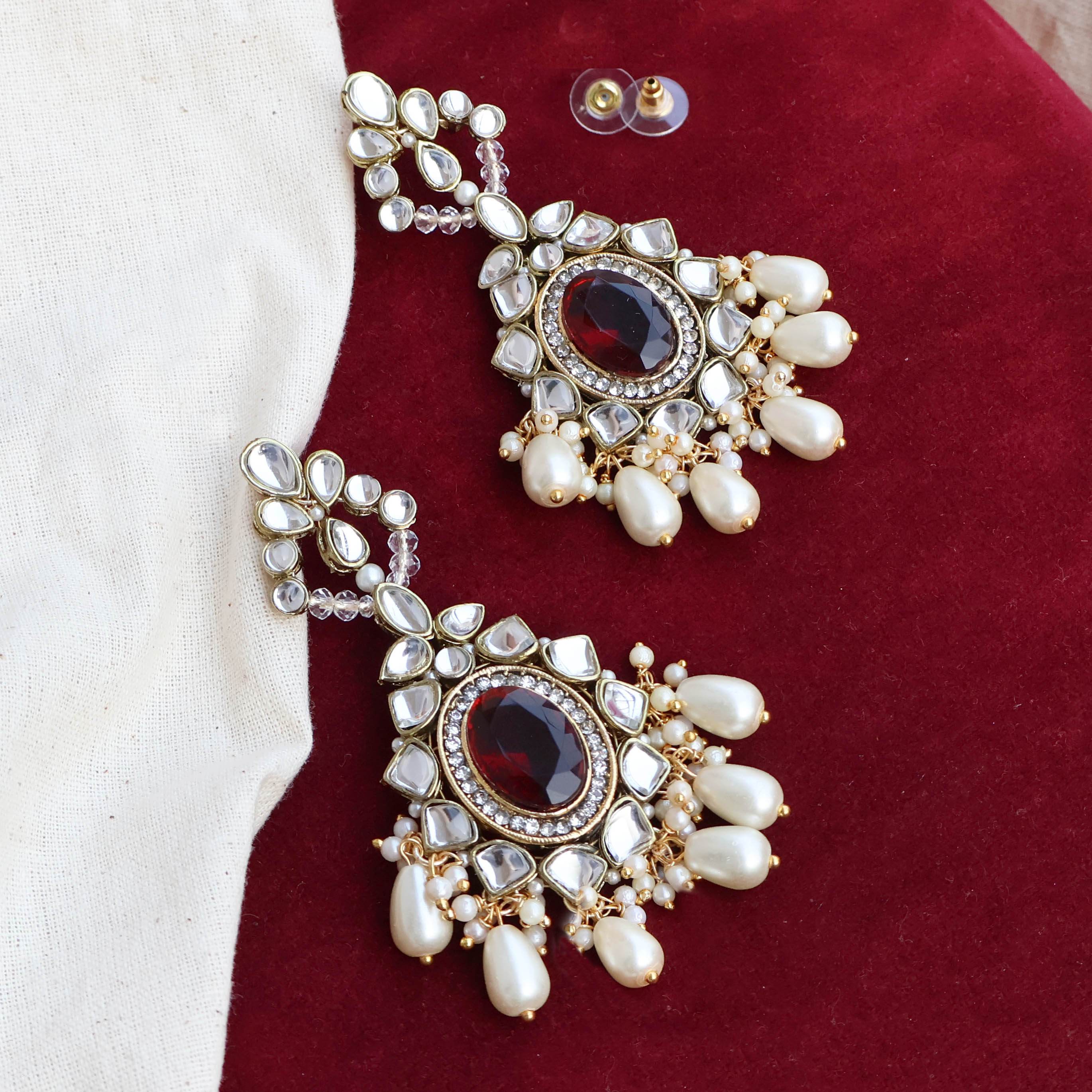 Regal Bridal Jewelry Set: Necklace, Maangtikka, Earrings, Hathphool, Anklet & Maangtikka - BeAbhika.com