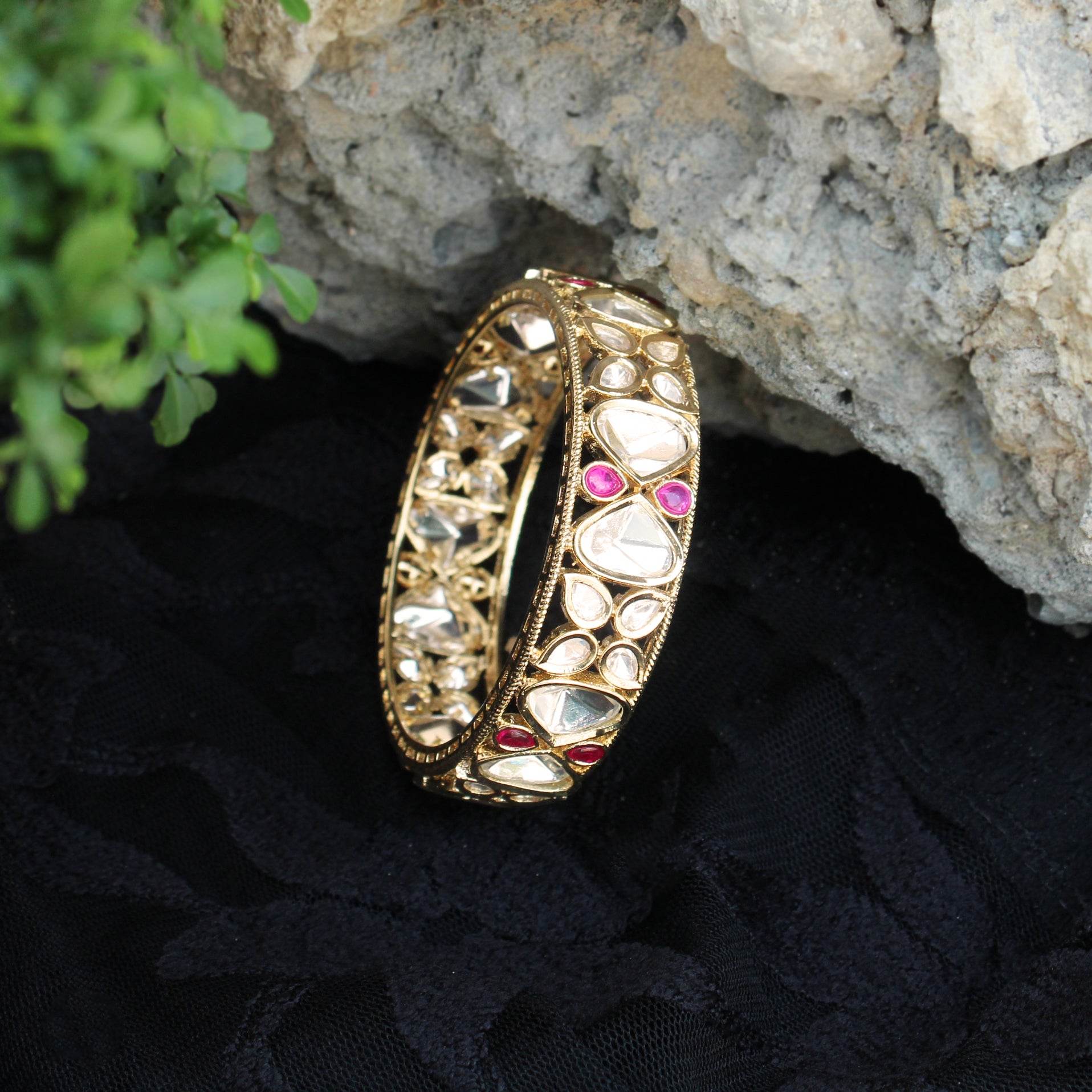 Blissful Bloom Kundan Openable Bangle - Set Of 2 Pieces - BeAbhika.com