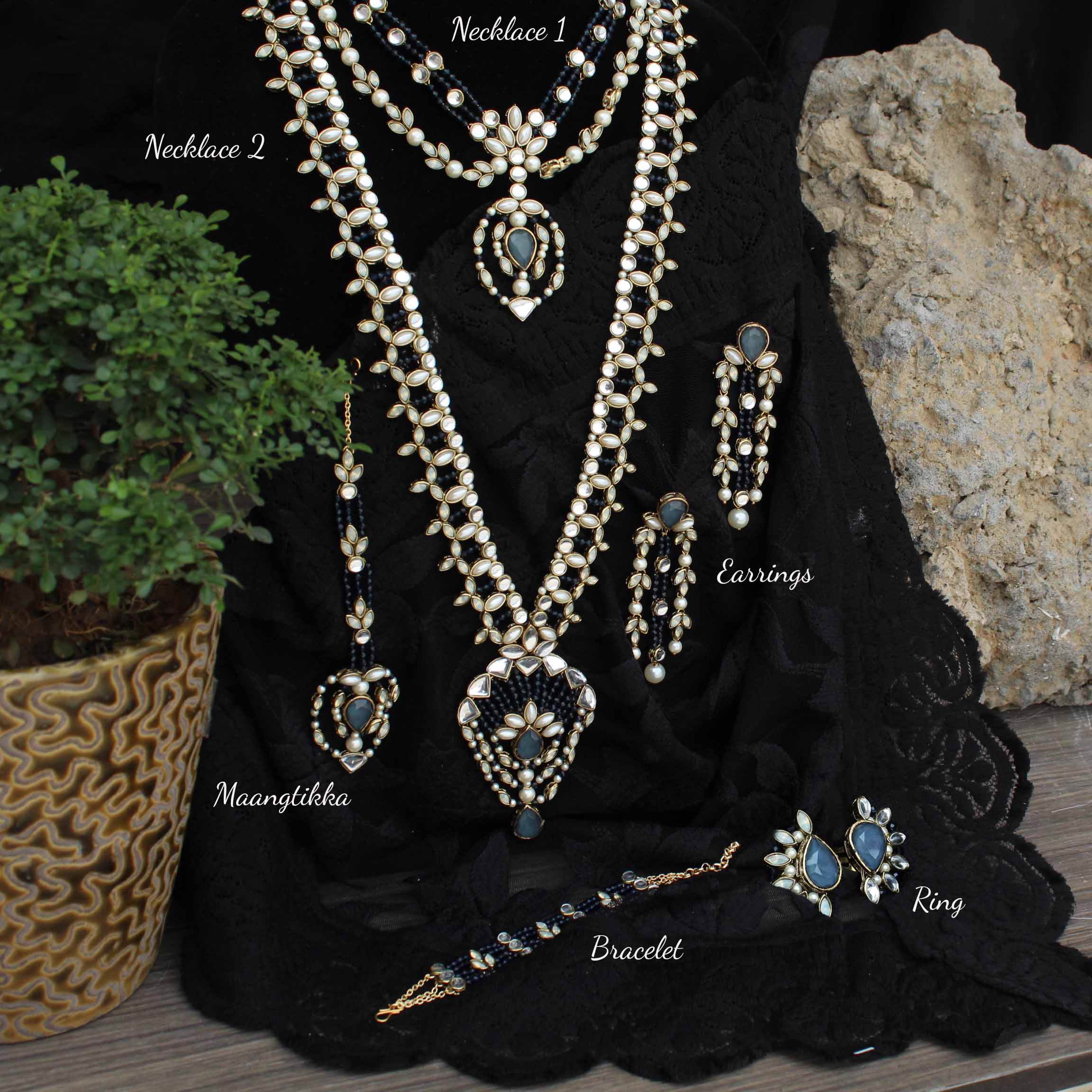Blue Hues Full Set With Choker, Long Necklace, Earrings, Bracelet & 2 Rings - BeAbhika.com