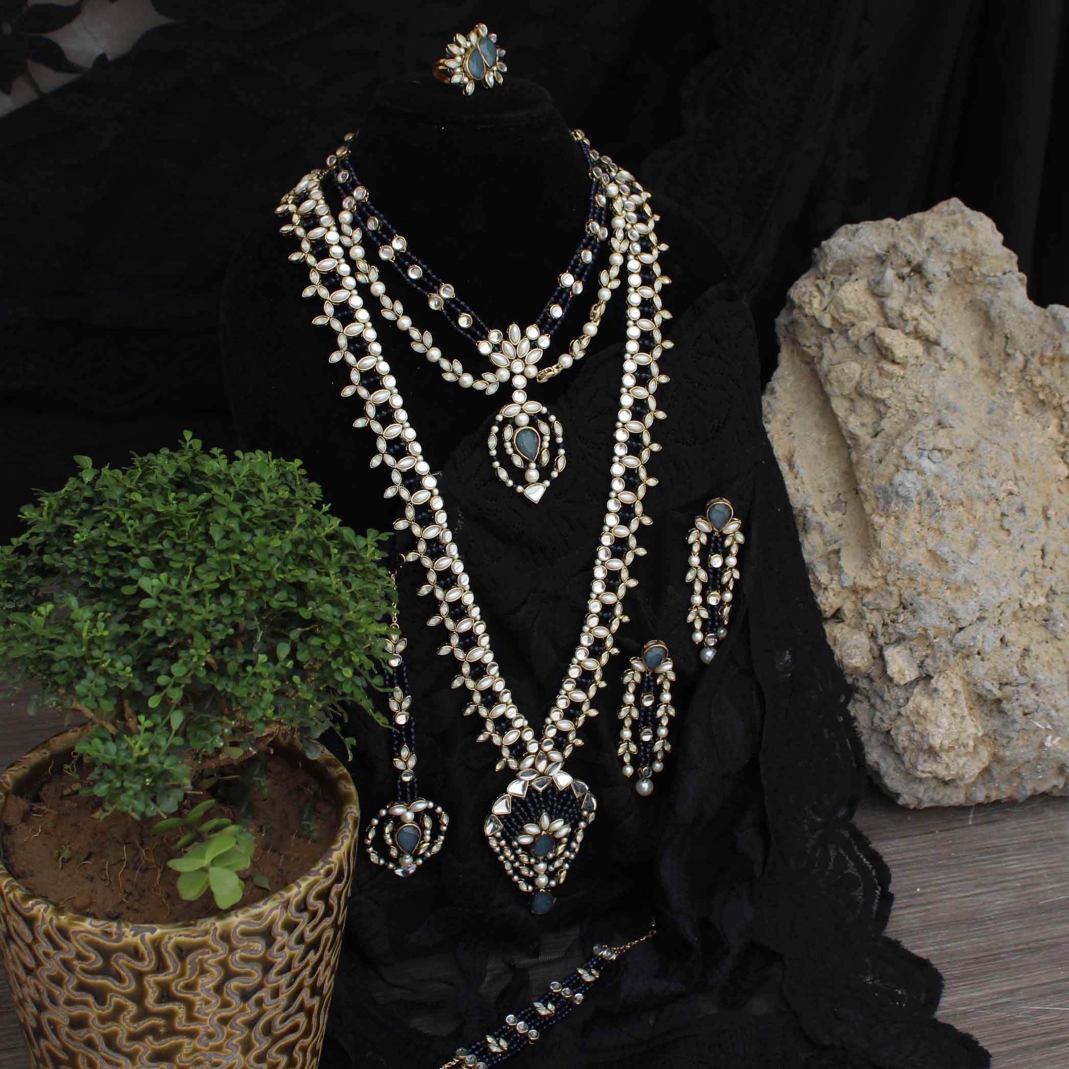 Blue Hues Full Set With Choker, Long Necklace, Earrings, Bracelet & 2 Rings - BeAbhika.com