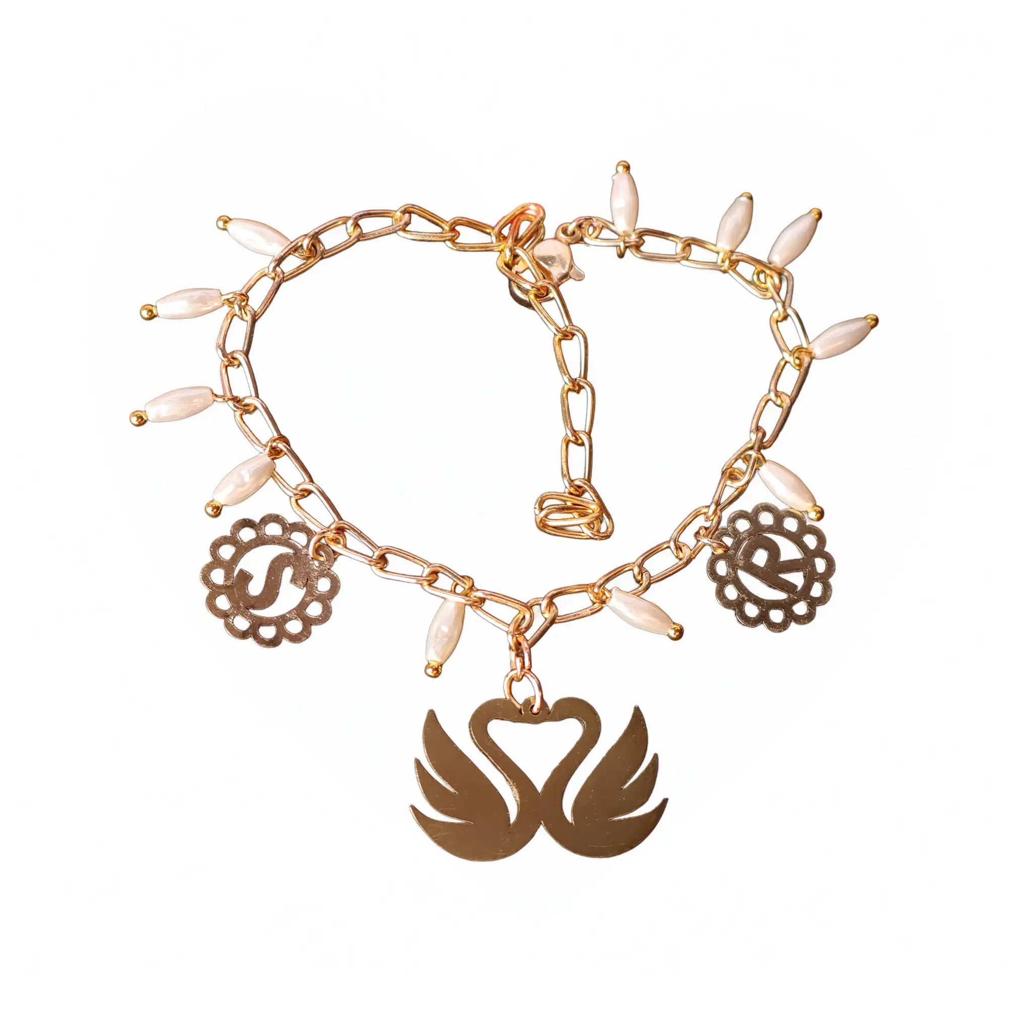 Set Of 4 Adjustable Personalised Pearl Charm Bracelet Stack With 2 Adjustable Ring