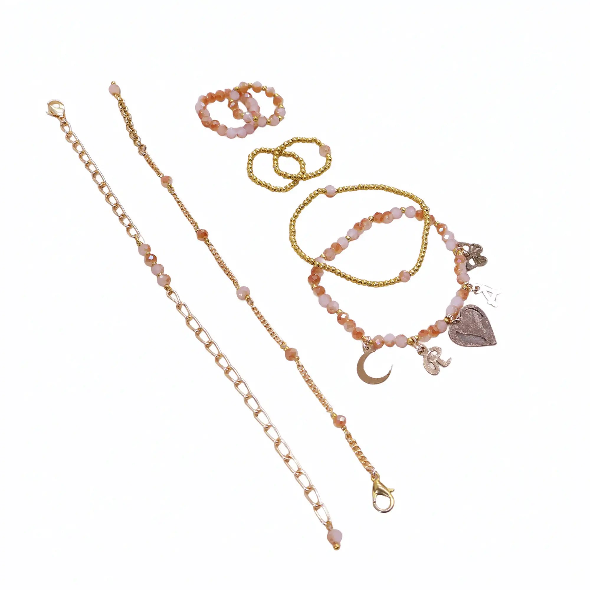 Stackable Valentine Charm Adjustable Bracelet & Ring - Set Of 4