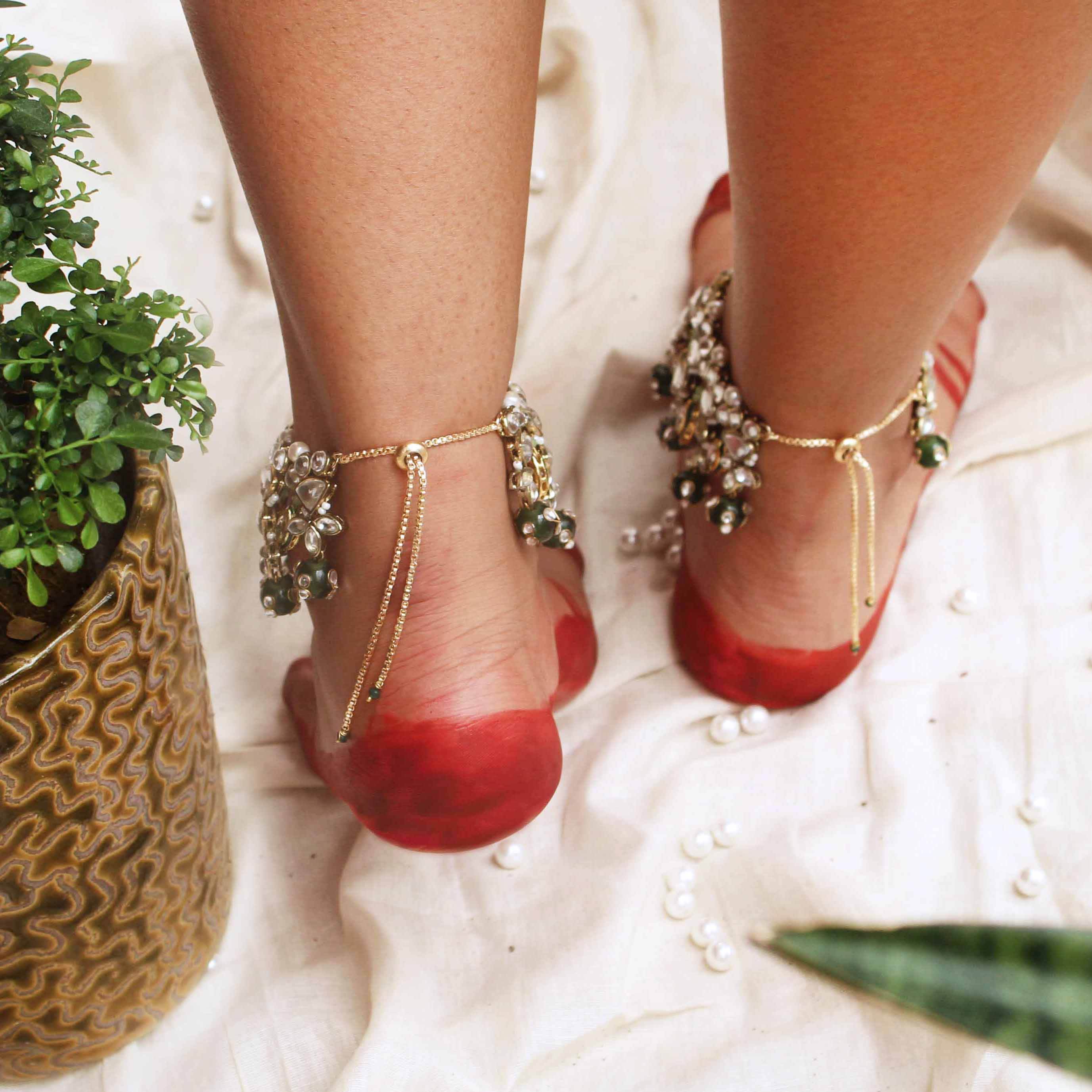 Kundan & Beads Adjustable Anklet - Set Of 2 Pieces - BeAbhika.com