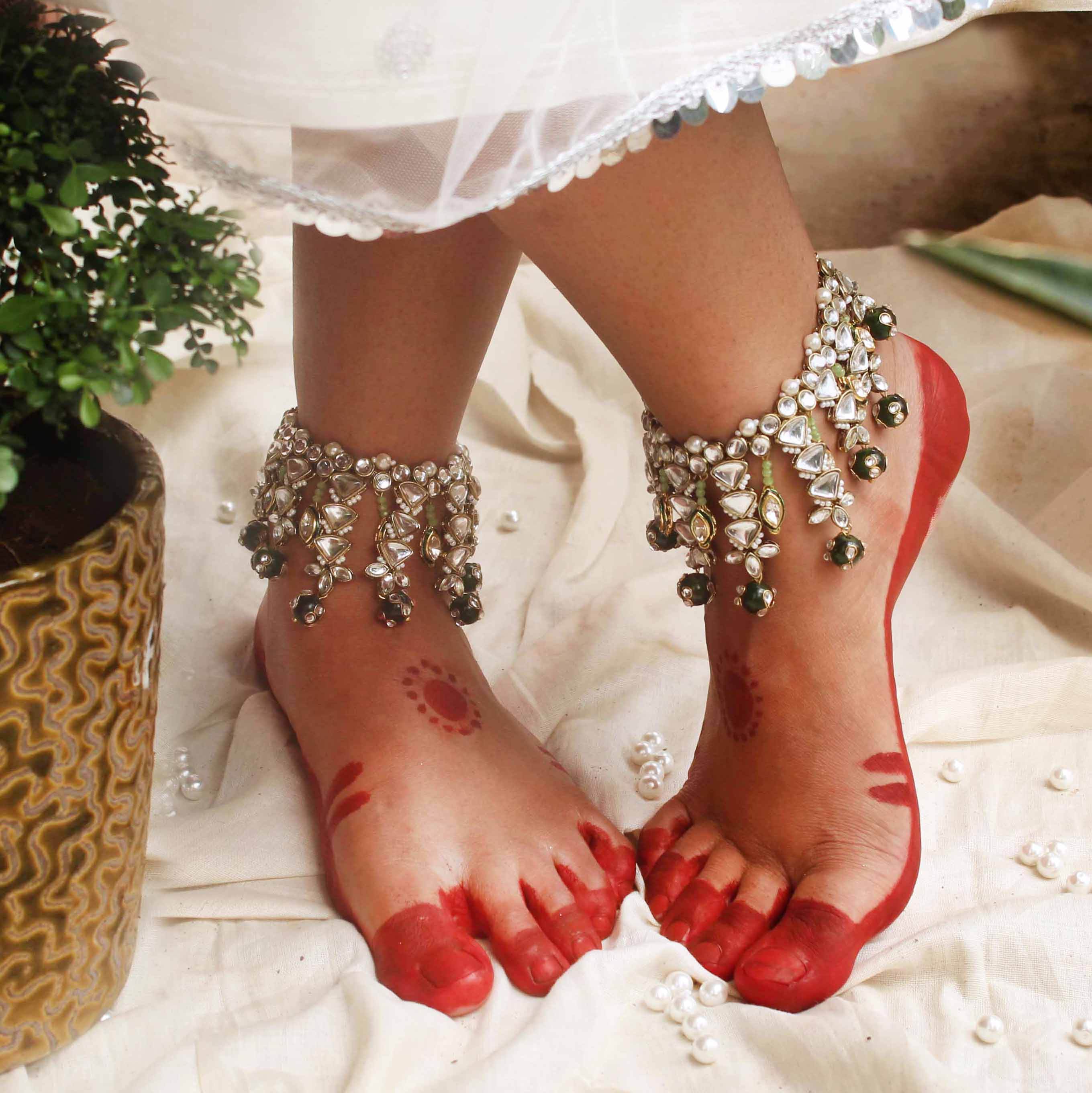 Kundan & Beads Adjustable Anklet - Set Of 2 Pieces - BeAbhika.com