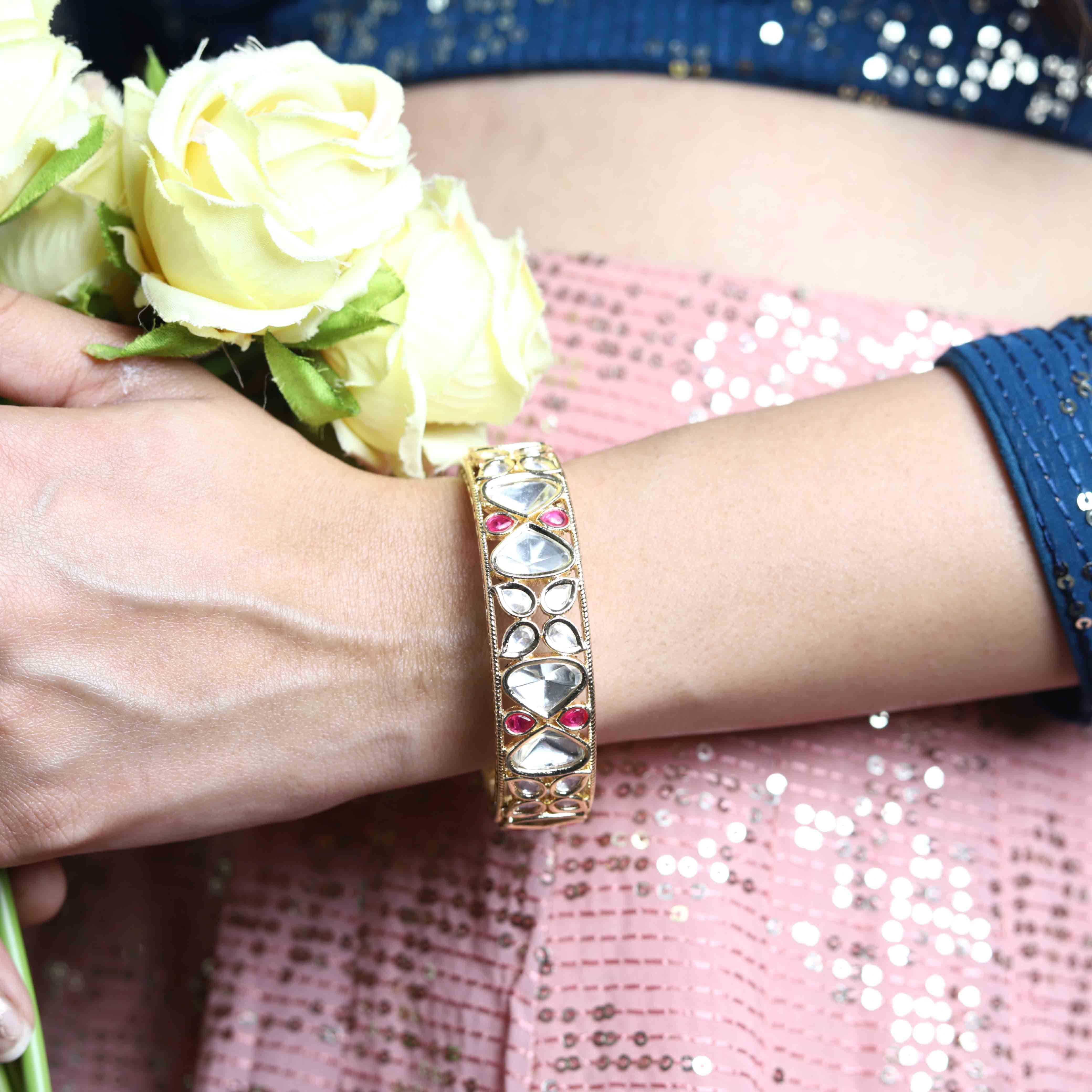 Blissful Bloom Kundan Openable Bangle - Set Of 2 Pieces - BeAbhika.com