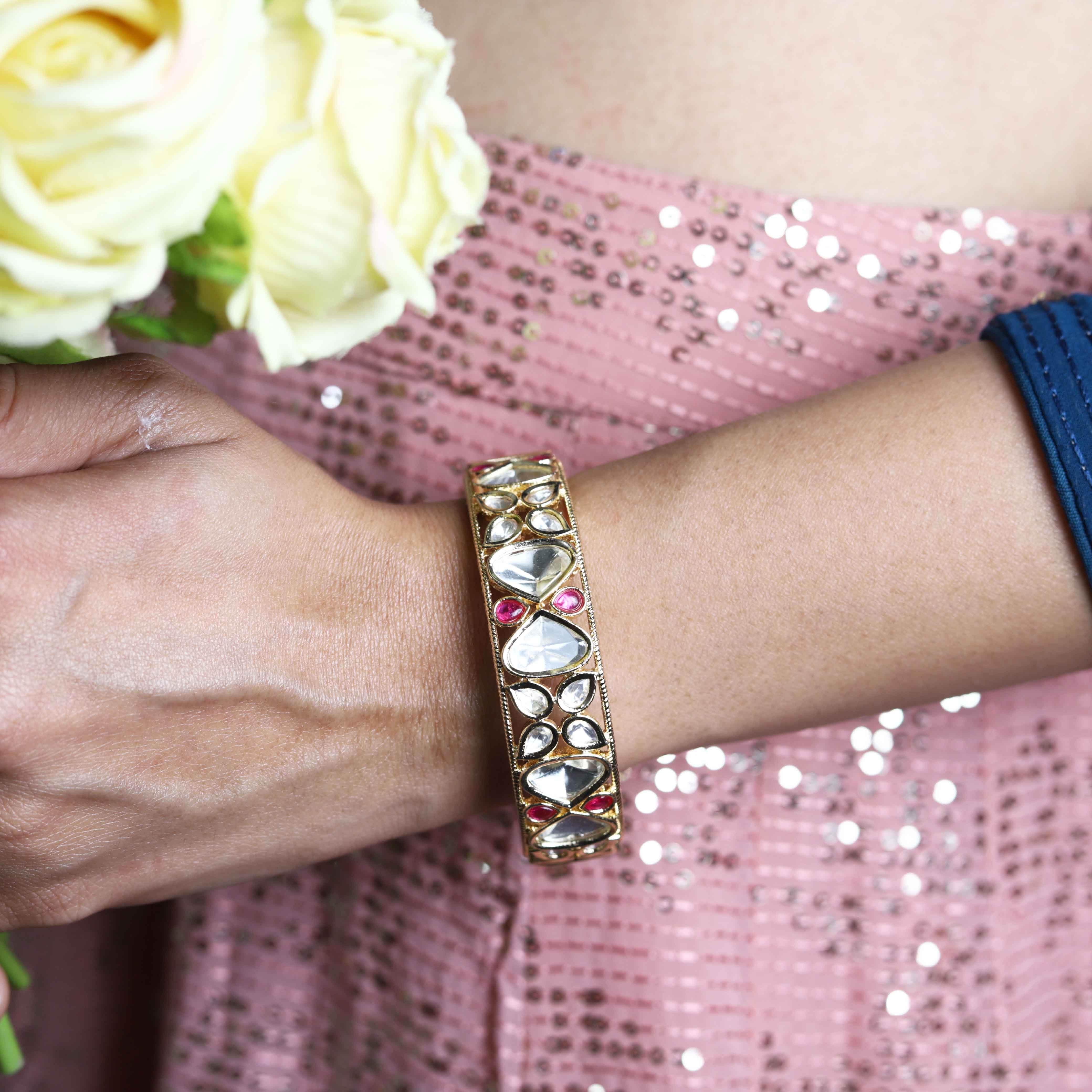 Blissful Bloom Kundan Openable Bangle - Set Of 2 Pieces - BeAbhika.com