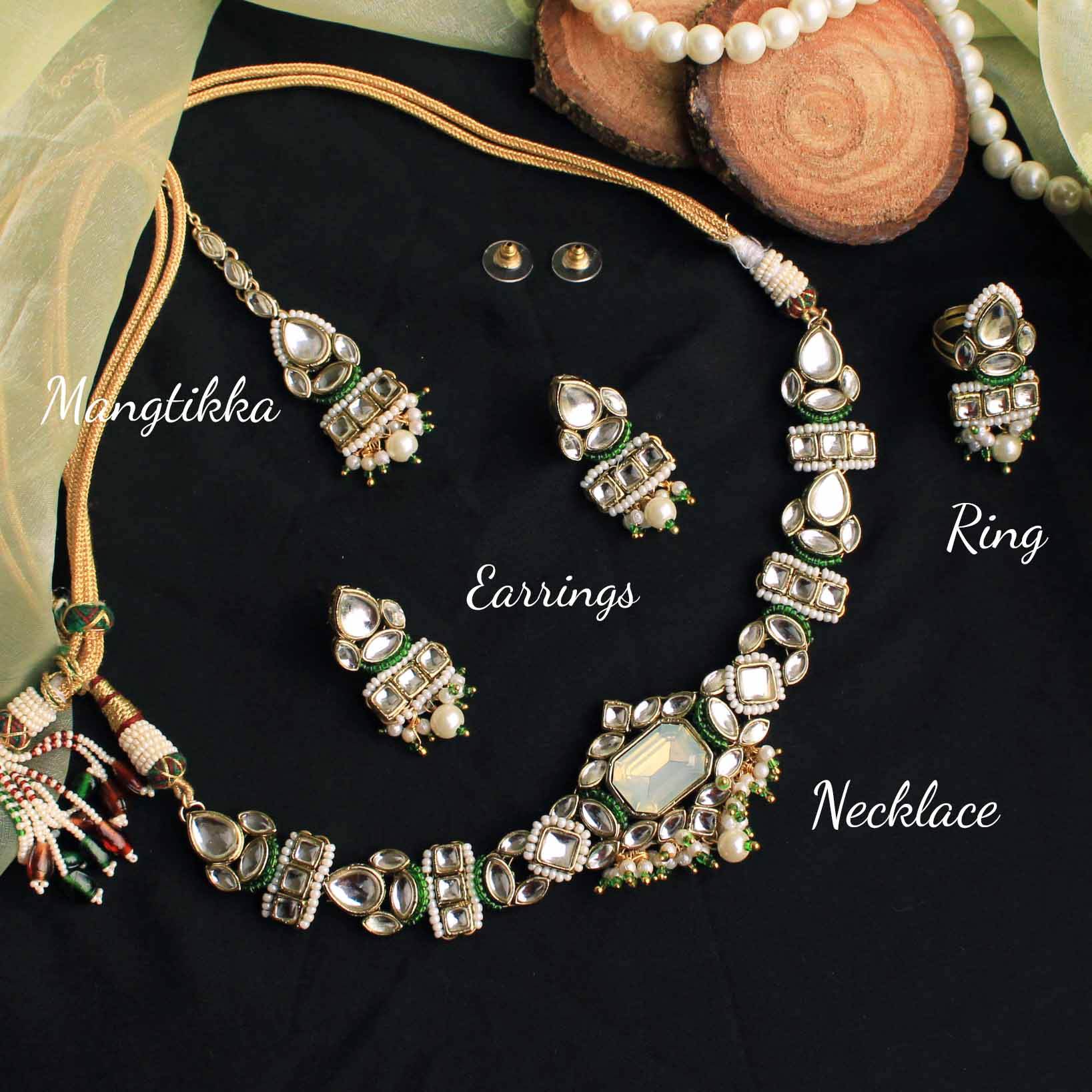 Beabhika Handmade Kundan Necklace With Matching Earrings Rings Maang Tikka Combo Set Green Artificial Jewelry Kundan Earrings Golden Earrings With Matching Ring Pearls Kundan Wedding Jewelry Trendy Earrings Daily Wear Party Wear Traditional Ethnic Dress Jewelry Earrings Bridal Jewelry Set Online Cash On Delivery Value Saver Combo Jewelry Set Cheap Price