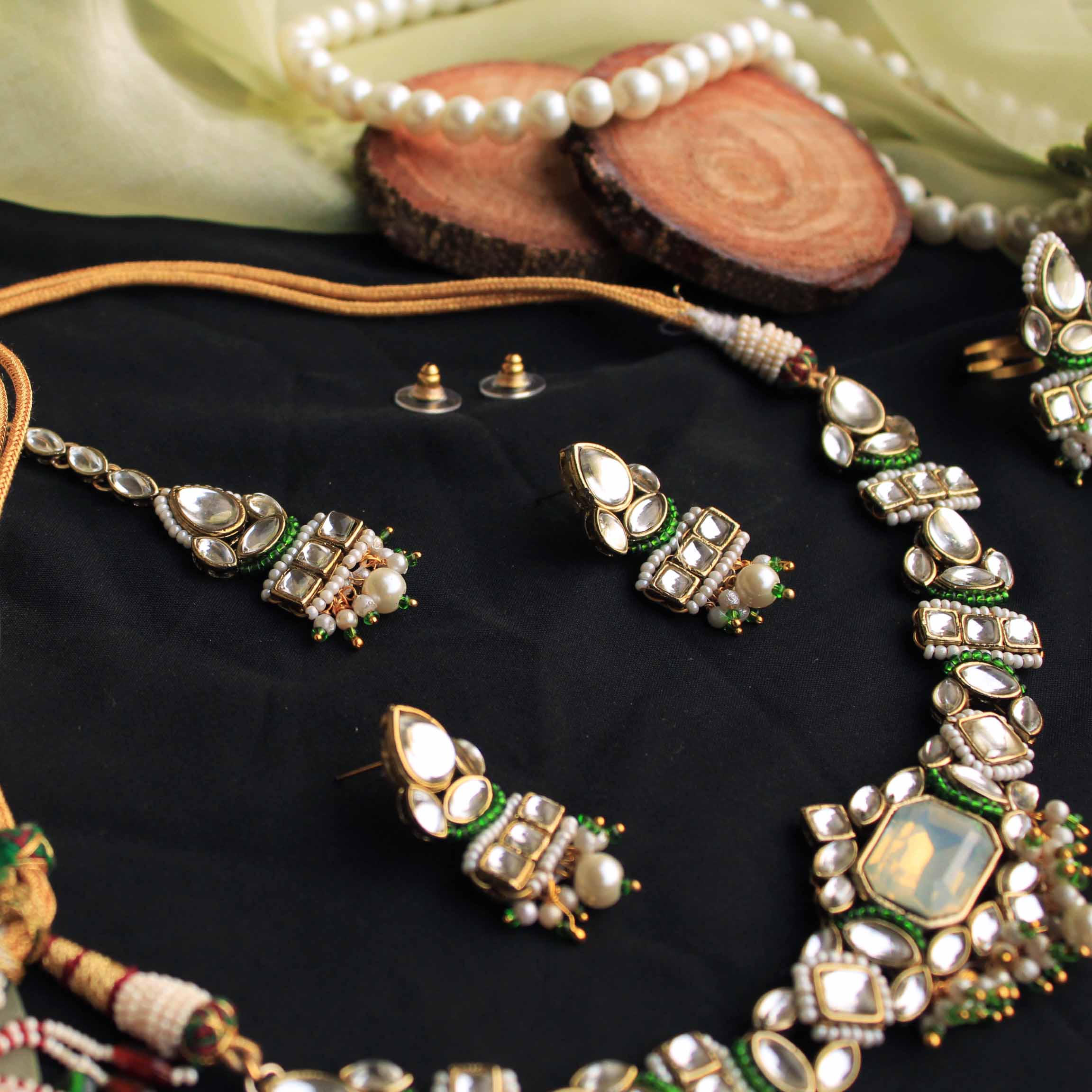 Beabhika Handmade Kundan Necklace With Matching Earrings Rings Maang Tikka Combo Set Green Artificial Jewelry Kundan Earrings Golden Earrings With Matching Ring Pearls Kundan Wedding Jewelry Trendy Earrings Daily Wear Party Wear Traditional Ethnic Dress Jewelry Earrings Bridal Jewelry Set Online Cash On Delivery Value Saver Combo Jewelry Set Cheap Price