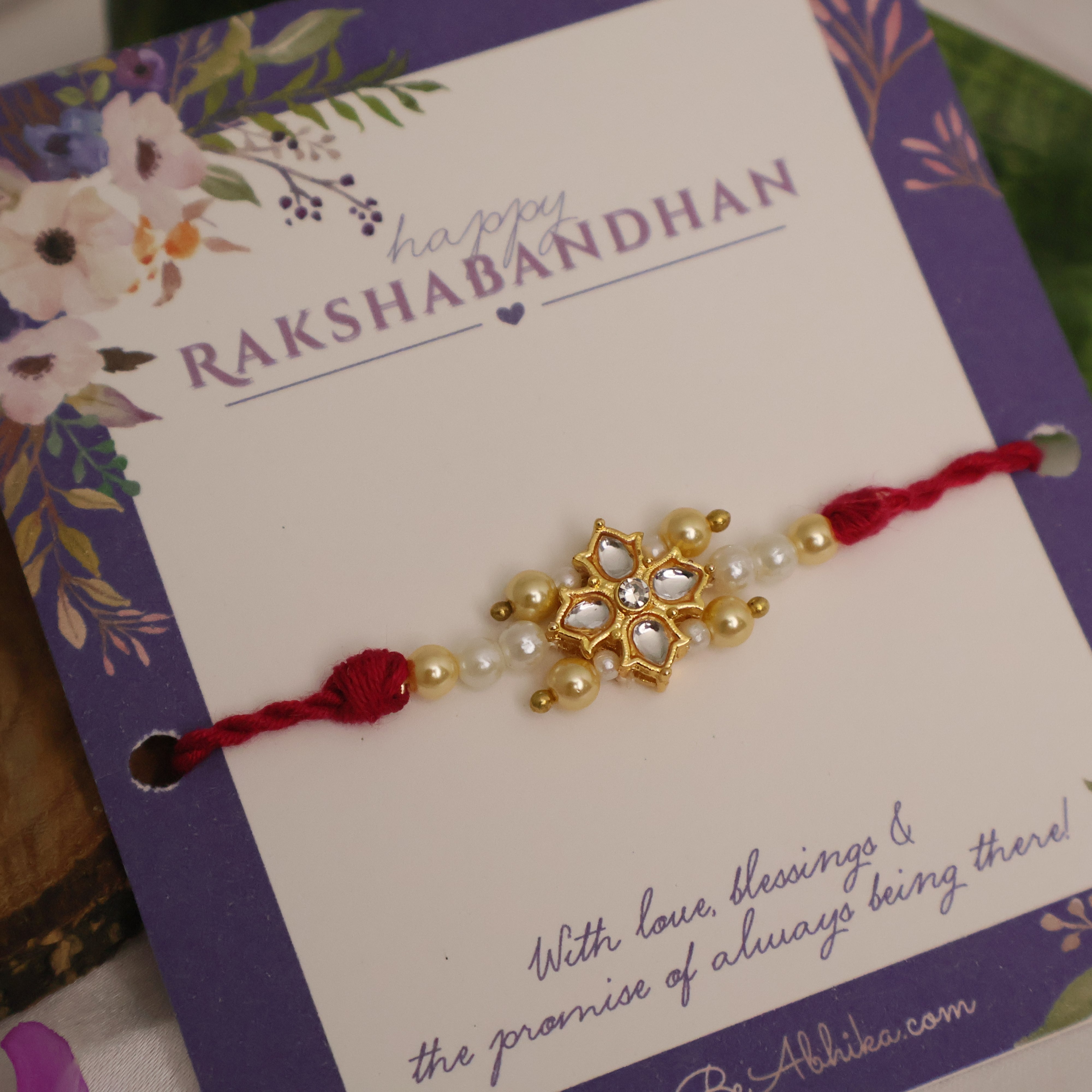 Kundan Floral Pearl Red Rakhi