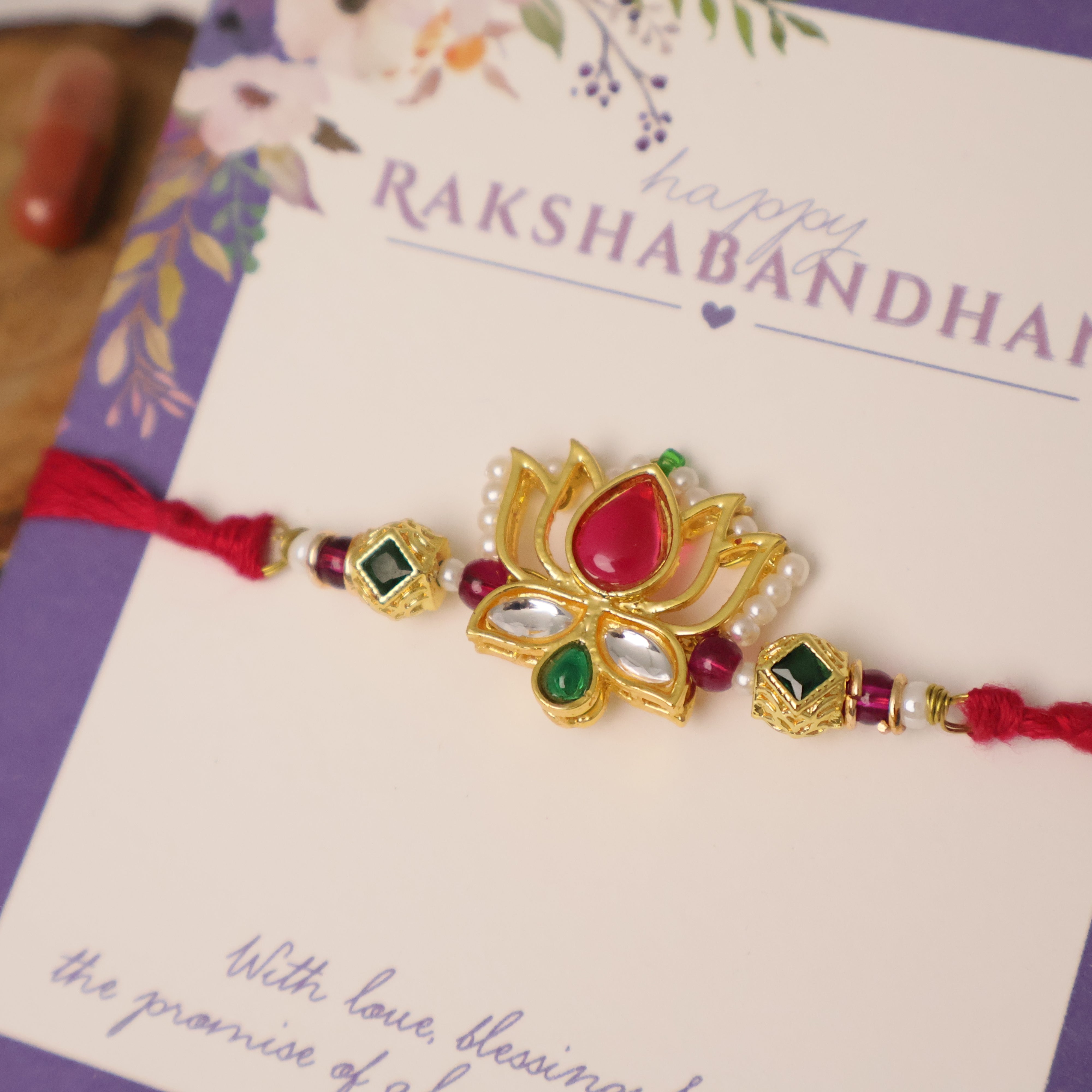 Lotus Kundan Stone Designer Rakhi