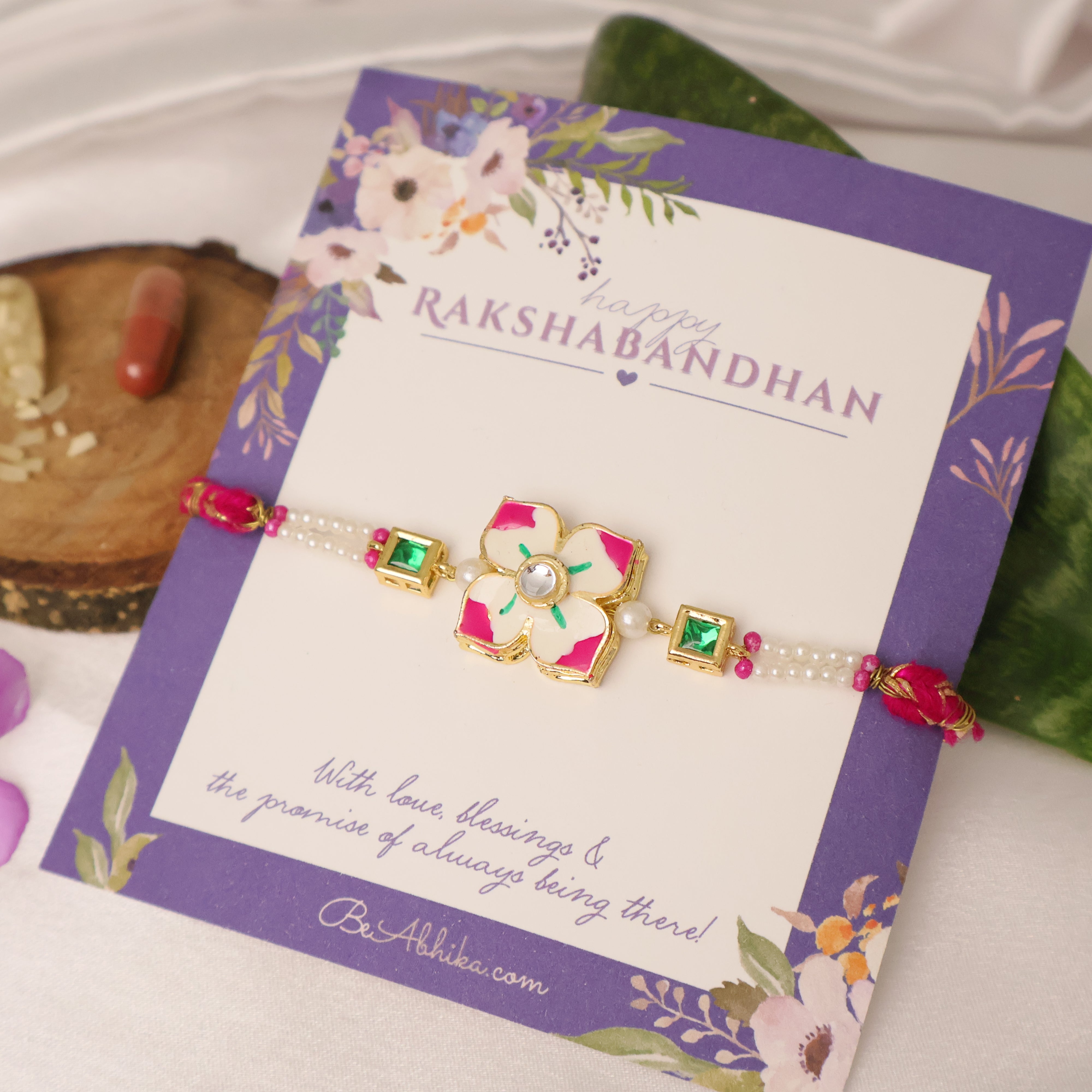 Pink Floral Pearl Rakhi & Lumba Set