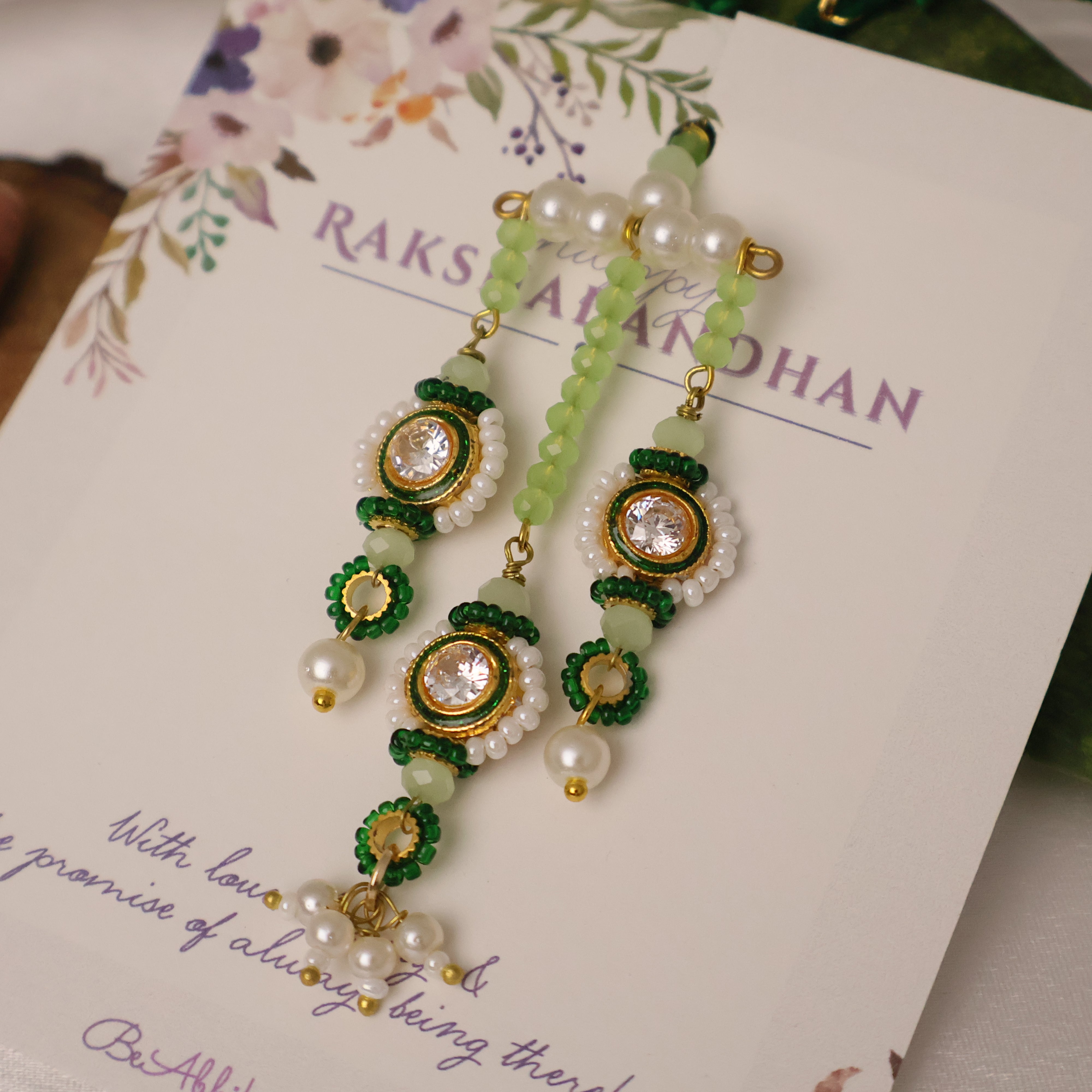 Emerald Pearl Rakhi & Lumba Set