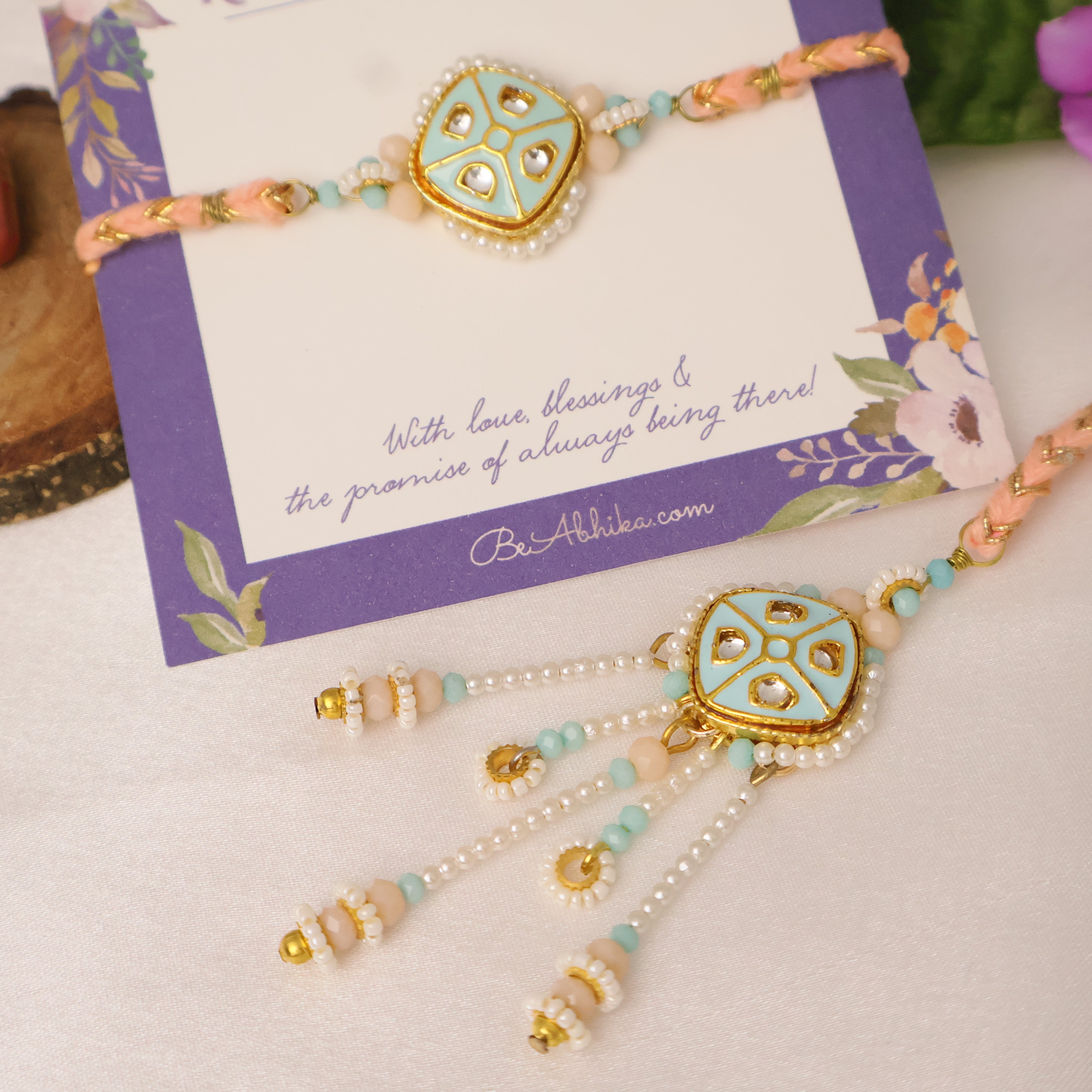 Pastel Kundan Pearl Rakhi & Lumba Set