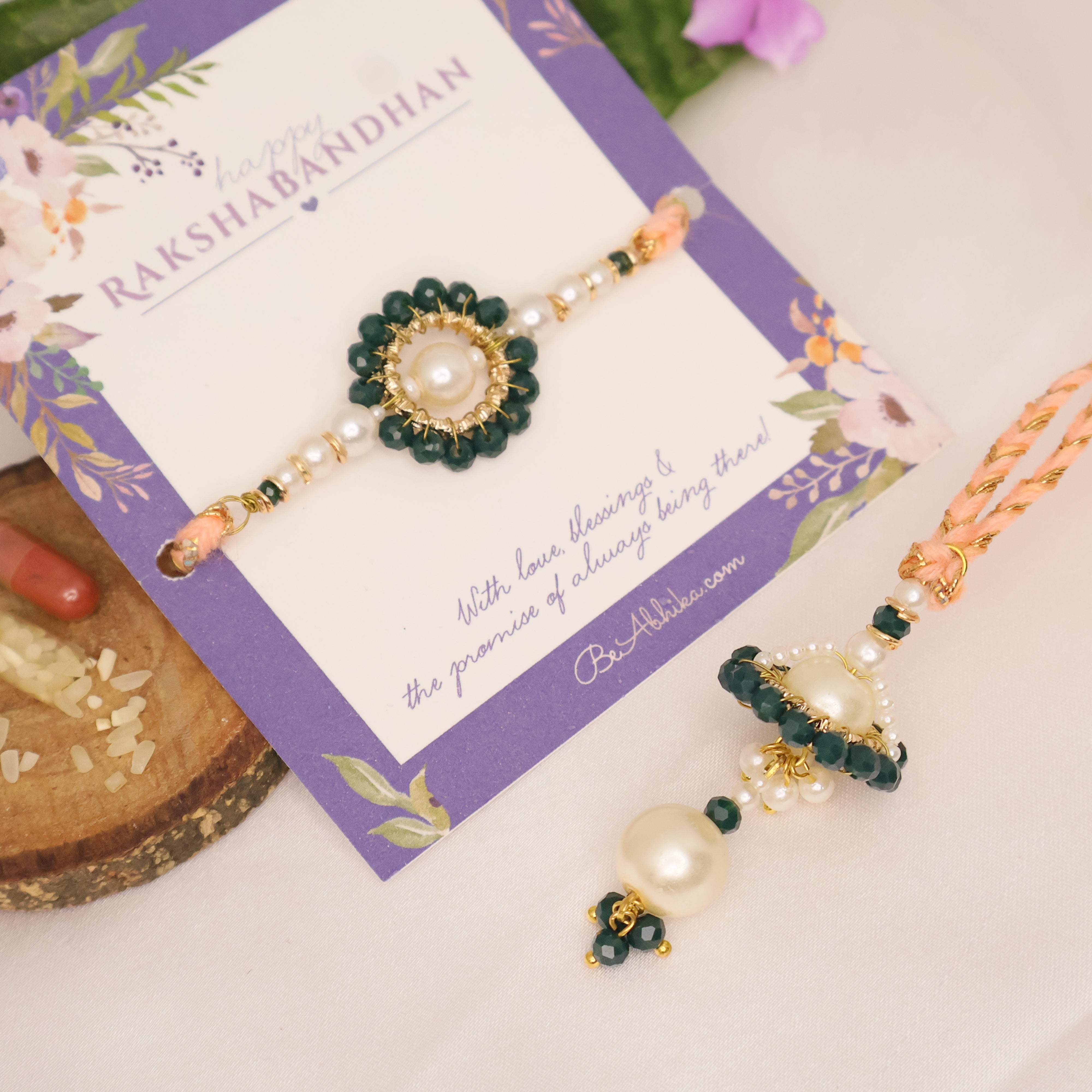Teal Pearl Rakhi & Lumba Set