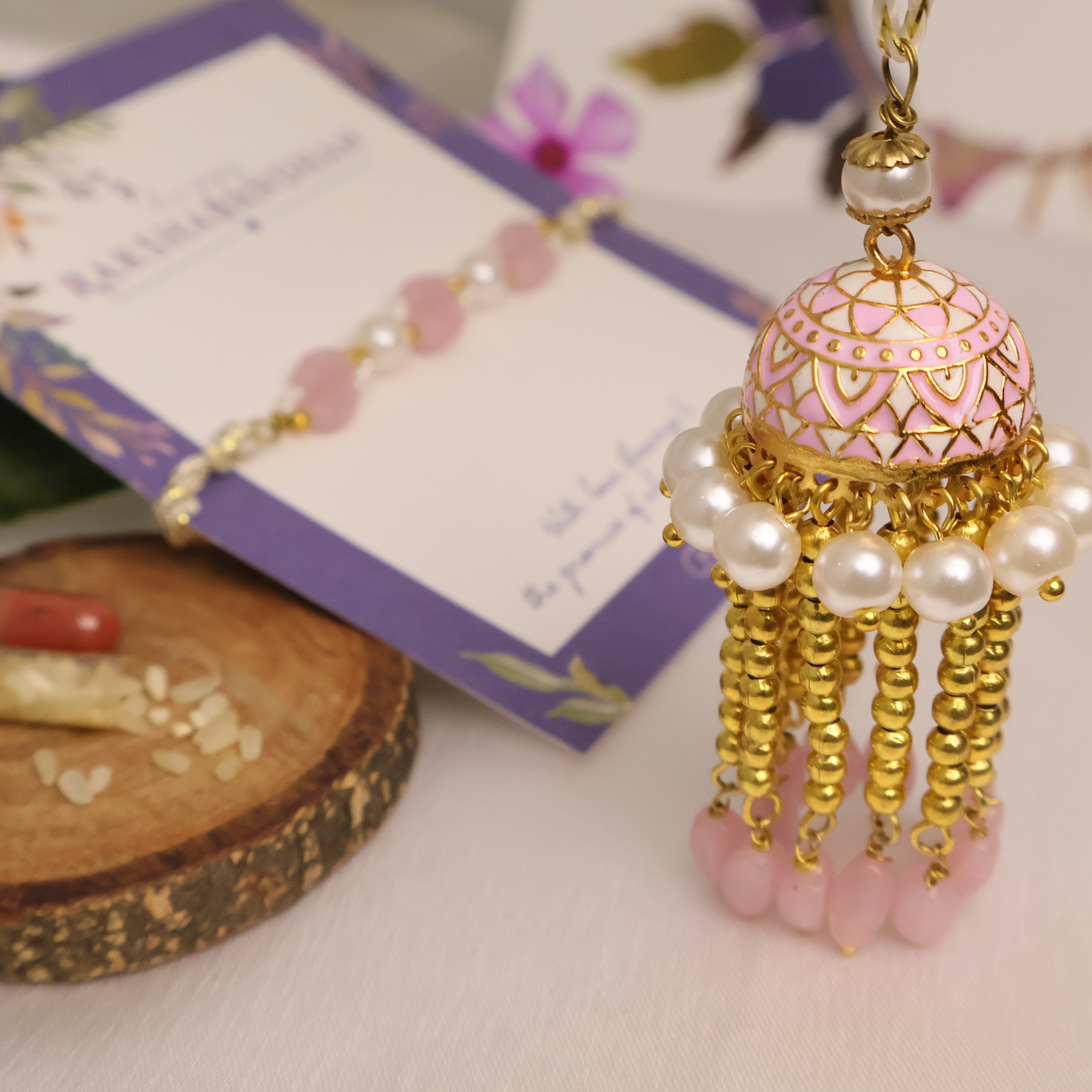 Blush Pearl Tassel Rakhi & Lumba Set