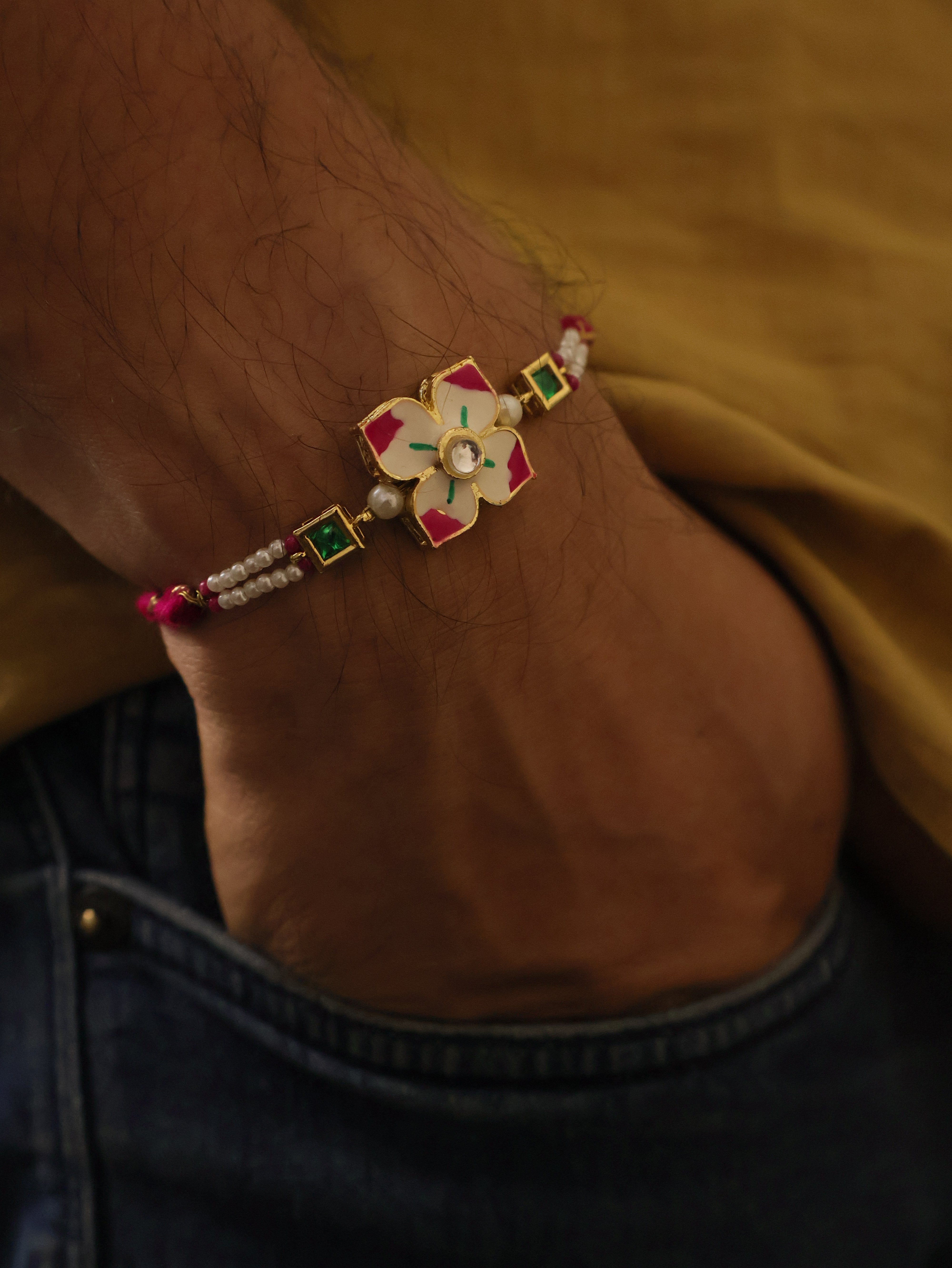 Floral Kundan Pearl Designer Rakhi