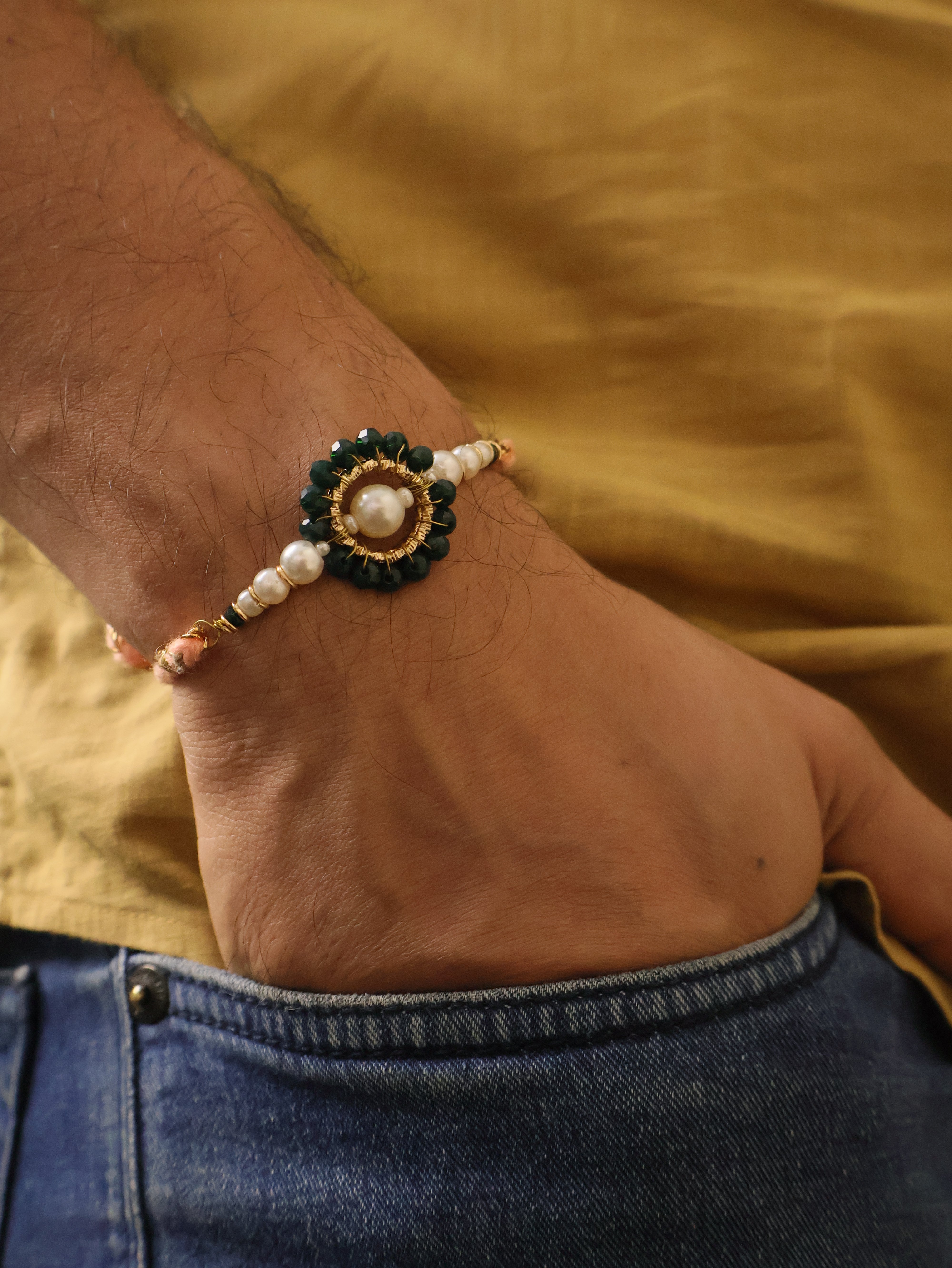 Teal Pearl Rakhi & Lumba Set