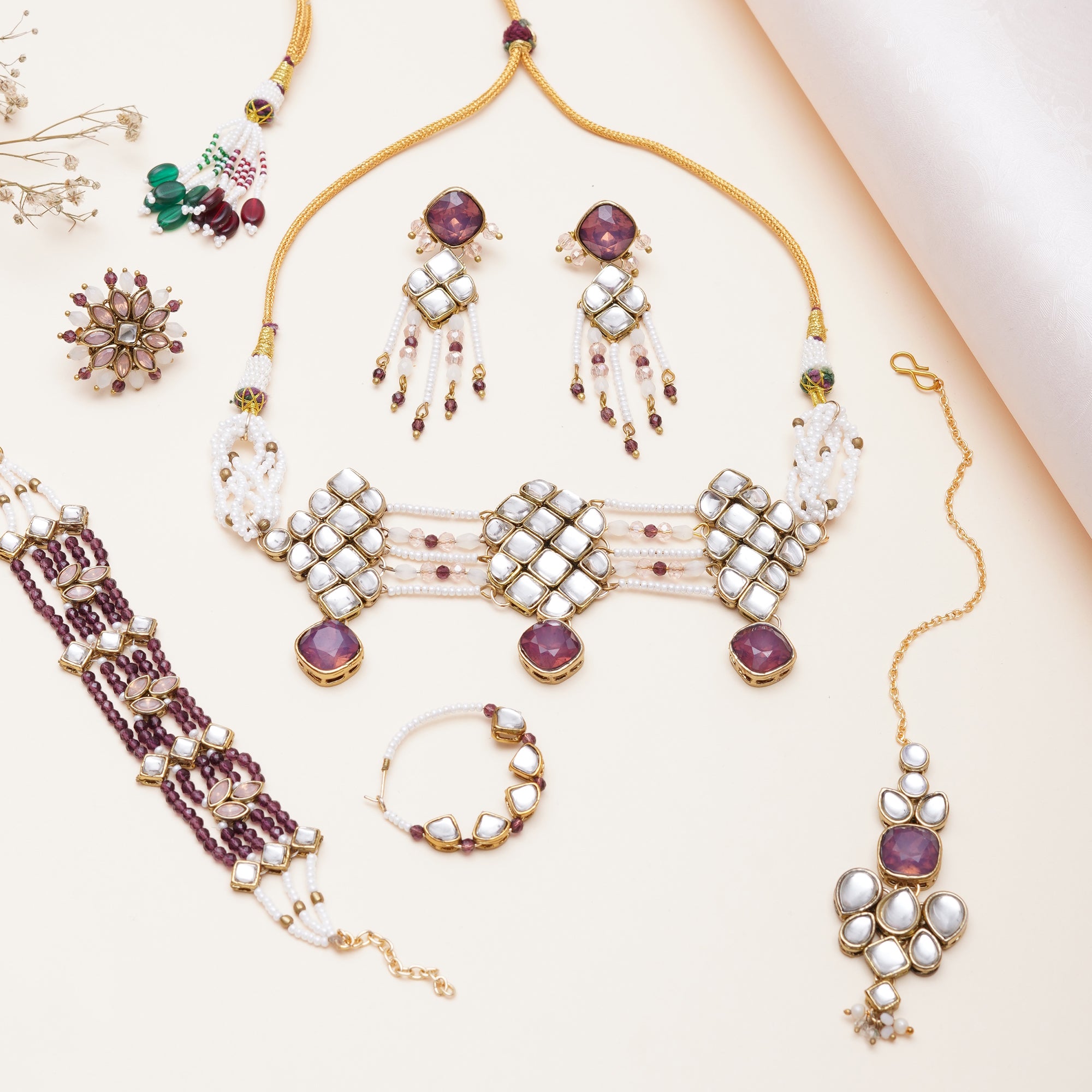 Purple Kundan paradise choker set With Matching Earrings, Ring, Nath, Maangtikka & Bracelet