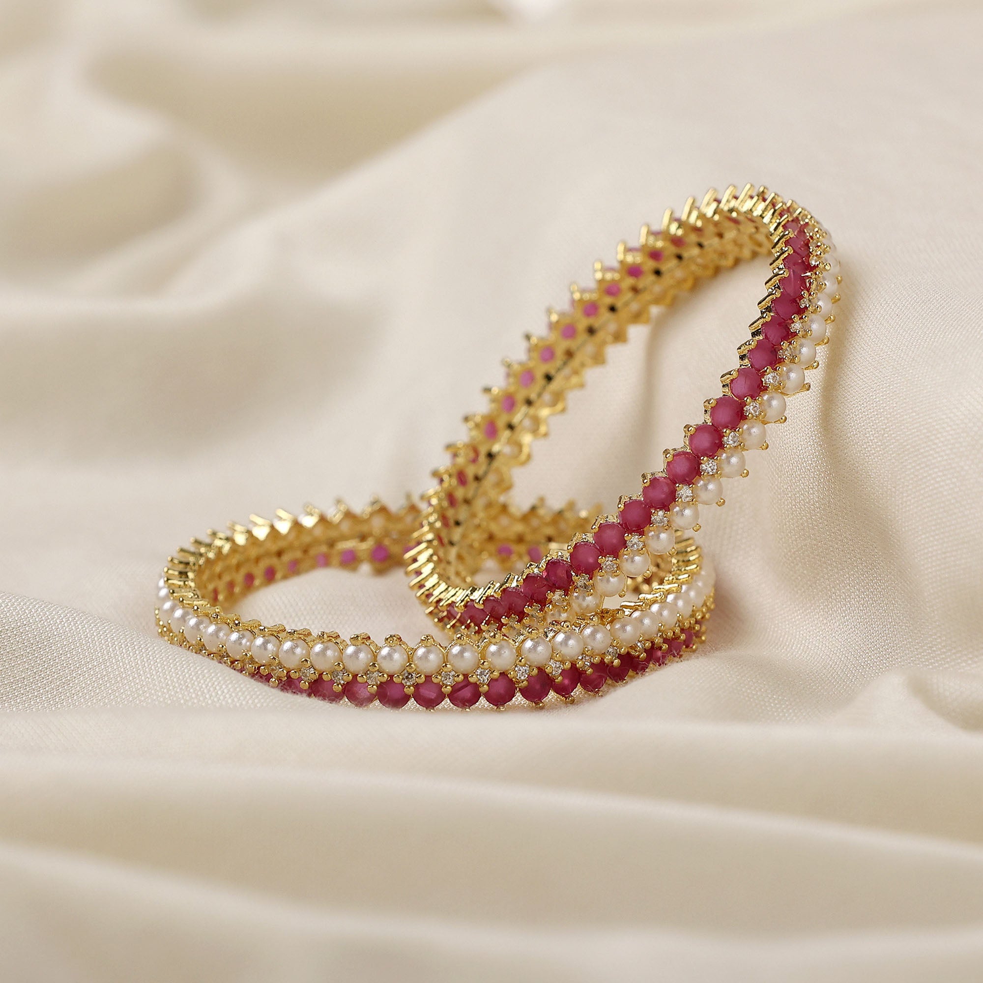 Radiant Red Ruby and Pearl Fusion Golden 2 Bangles